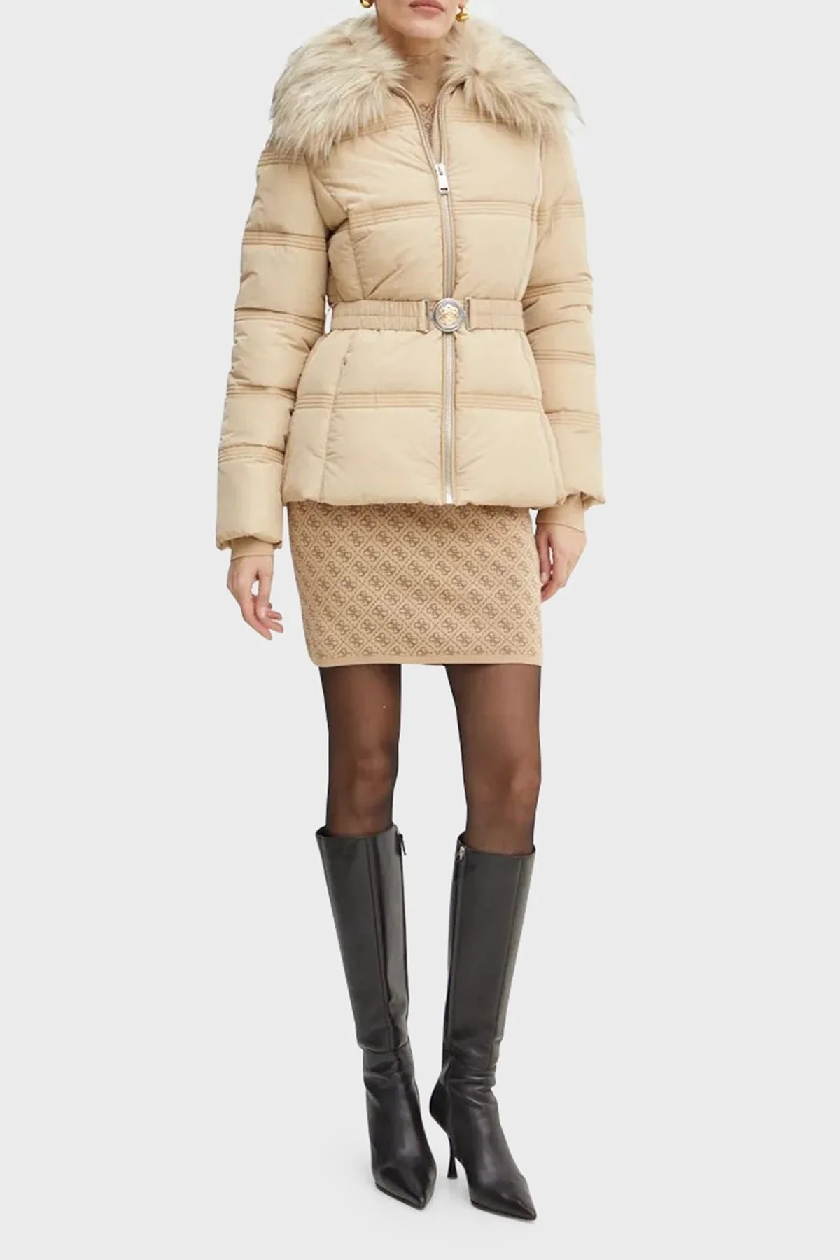 Guess New Marisol Slim Fit Suya Dayanıklı Kürklü Şişme W4BL43WGK22 Bayan Mont W4BL43 WGK22 F14Z BEJ - 10