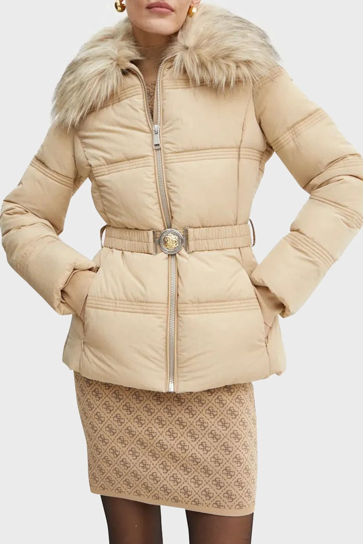 Guess New Marisol Slim Fit Suya Dayanıklı Kürklü Şişme W4BL43WGK22 Bayan Mont W4BL43 WGK22 F14Z BEJ - 12