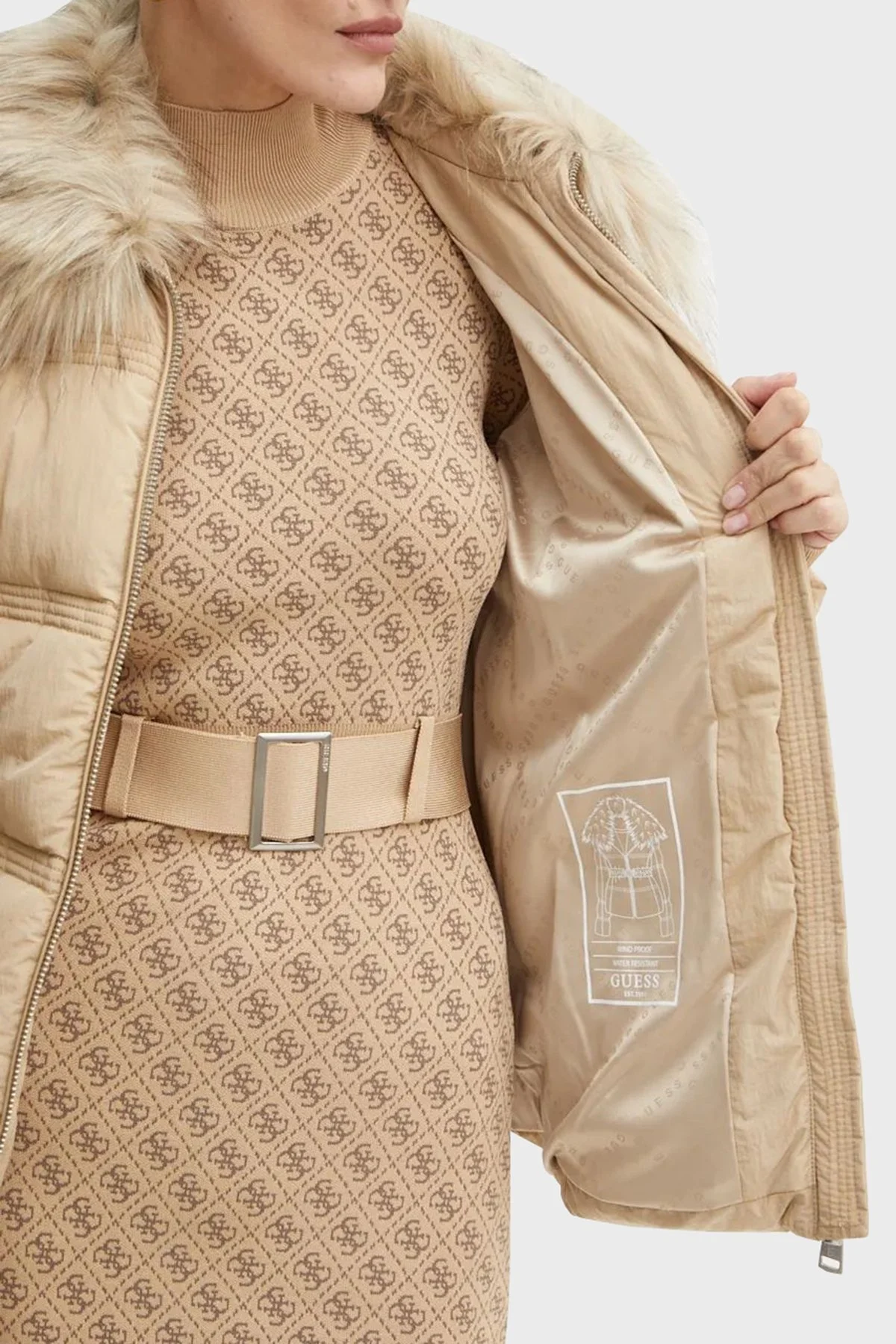 Guess New Marisol Slim Fit Suya Dayanıklı Kürklü Şişme W4BL43WGK22 Bayan Mont W4BL43 WGK22 F14Z BEJ - 13