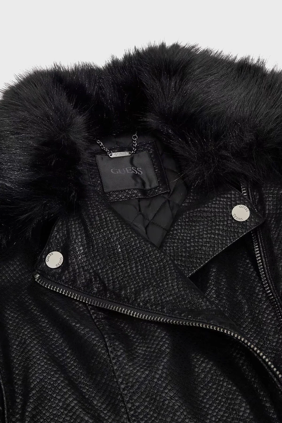 Guess New Olivia Slim Fit Kürklü Fermuarlı Biker W4BL29WGJE0 Bayan Ceket W4BL29 WGJE0 JBLK SİYAH - 7
