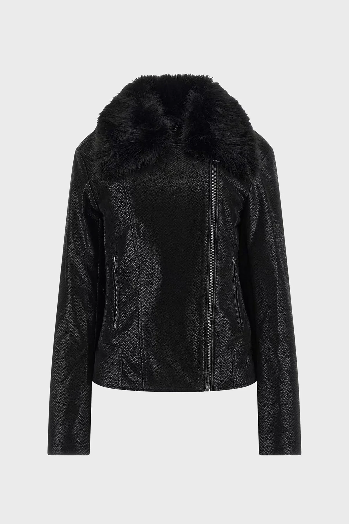 Guess New Olivia Slim Fit Kürklü Fermuarlı Biker W4BL29WGJE0 Bayan Ceket W4BL29 WGJE0 JBLK SİYAH - 8