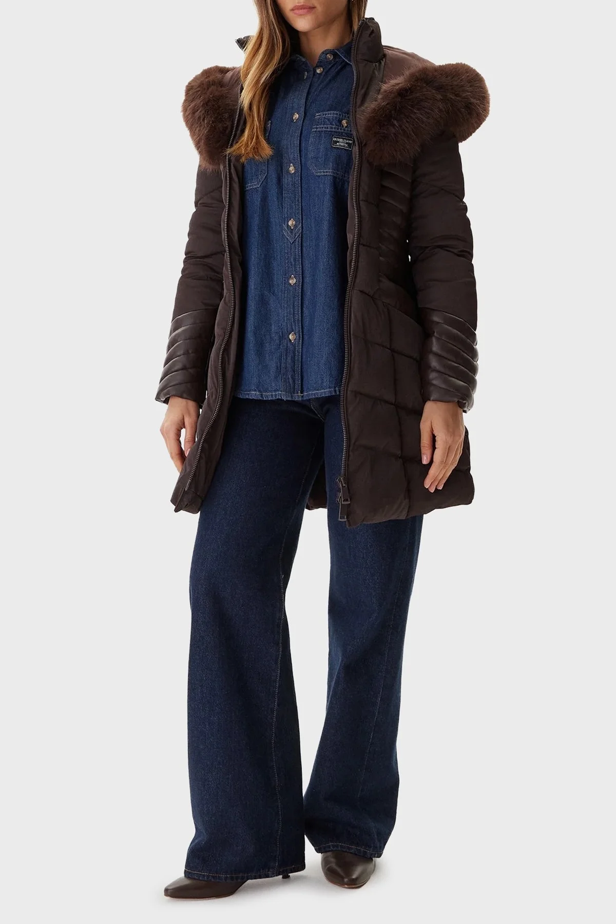 Guess New Oxana Regular Fit Fermuarlı Kapüşonlu Şişme W4BL61WGLZ0 Bayan Mont W4BL61 WGLZ0 G1EB KAHVE - 4