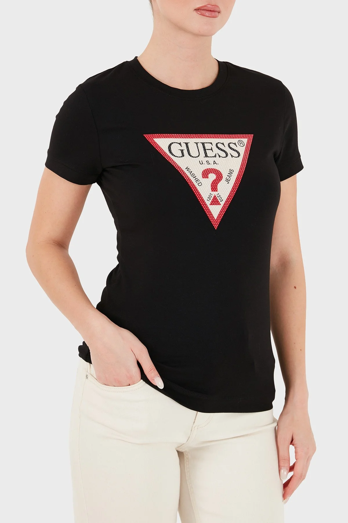 Guess New Ss Cn Logolu Pamuklu Slim Fit Bisiklet Yaka W6YI54K4870 Kadın T Shirt W6YI54 K4870 JBLK Siyah - 1