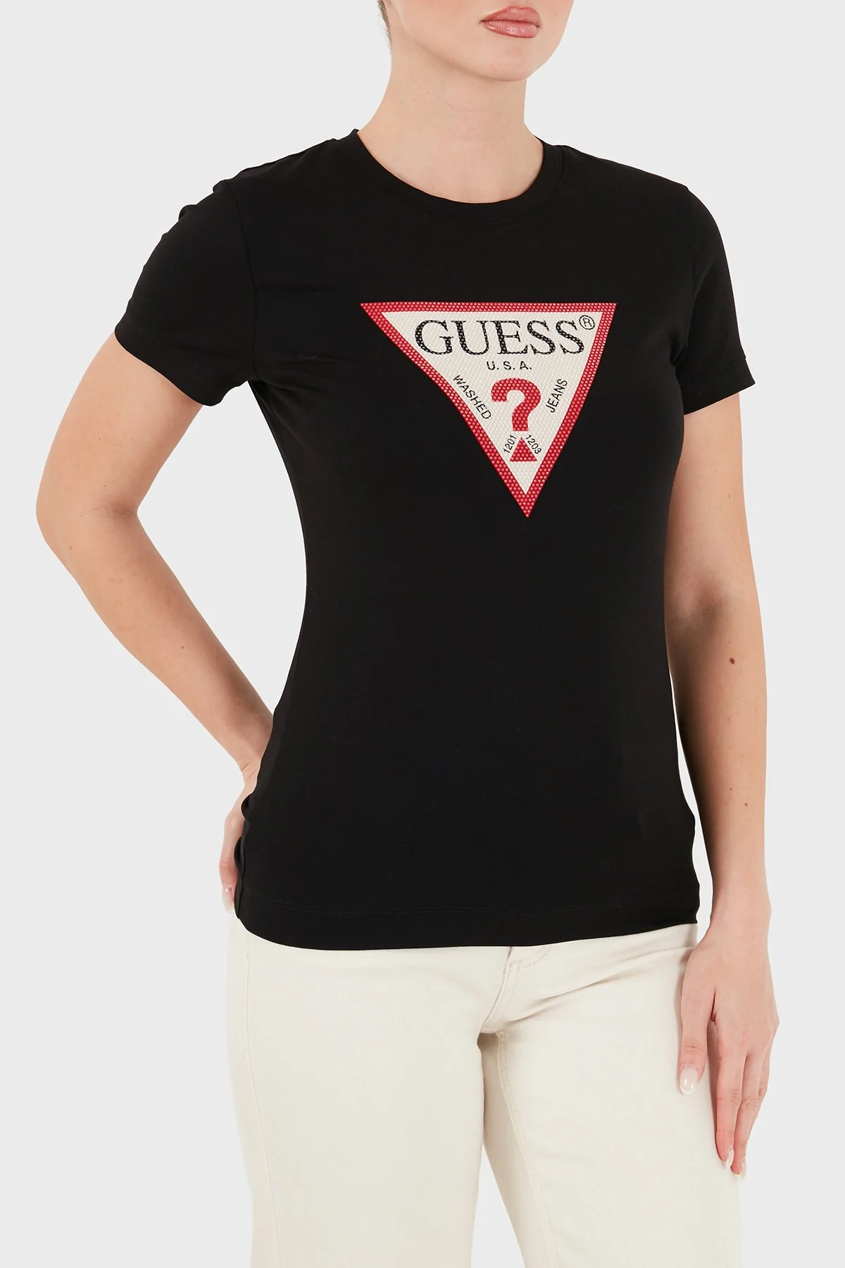 Guess New Ss Cn Logolu Pamuklu Slim Fit Bisiklet Yaka W6YI54K4870 Kadın T Shirt W6YI54 K4870 JBLK Siyah - 3