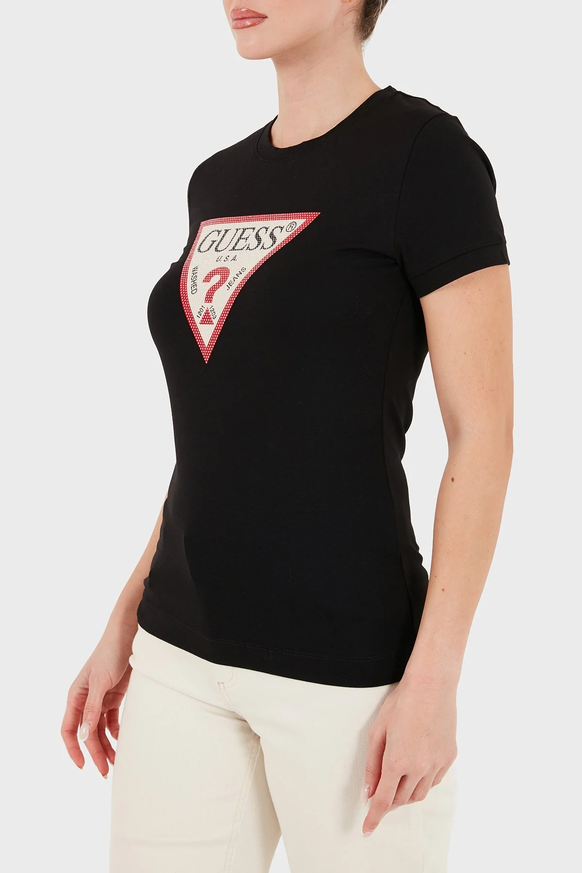Guess New Ss Cn Logolu Pamuklu Slim Fit Bisiklet Yaka W6YI54K4870 Kadın T Shirt W6YI54 K4870 JBLK Siyah - 4