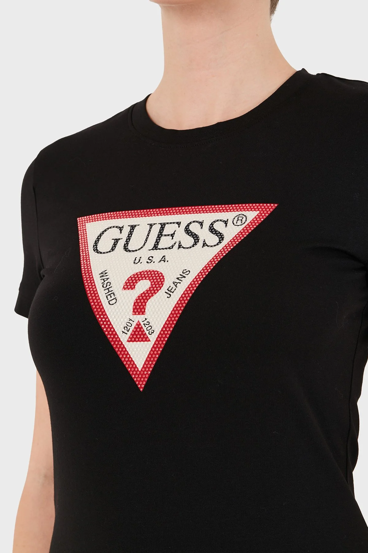 Guess New Ss Cn Logolu Pamuklu Slim Fit Bisiklet Yaka W6YI54K4870 Kadın T Shirt W6YI54 K4870 JBLK Siyah - 5