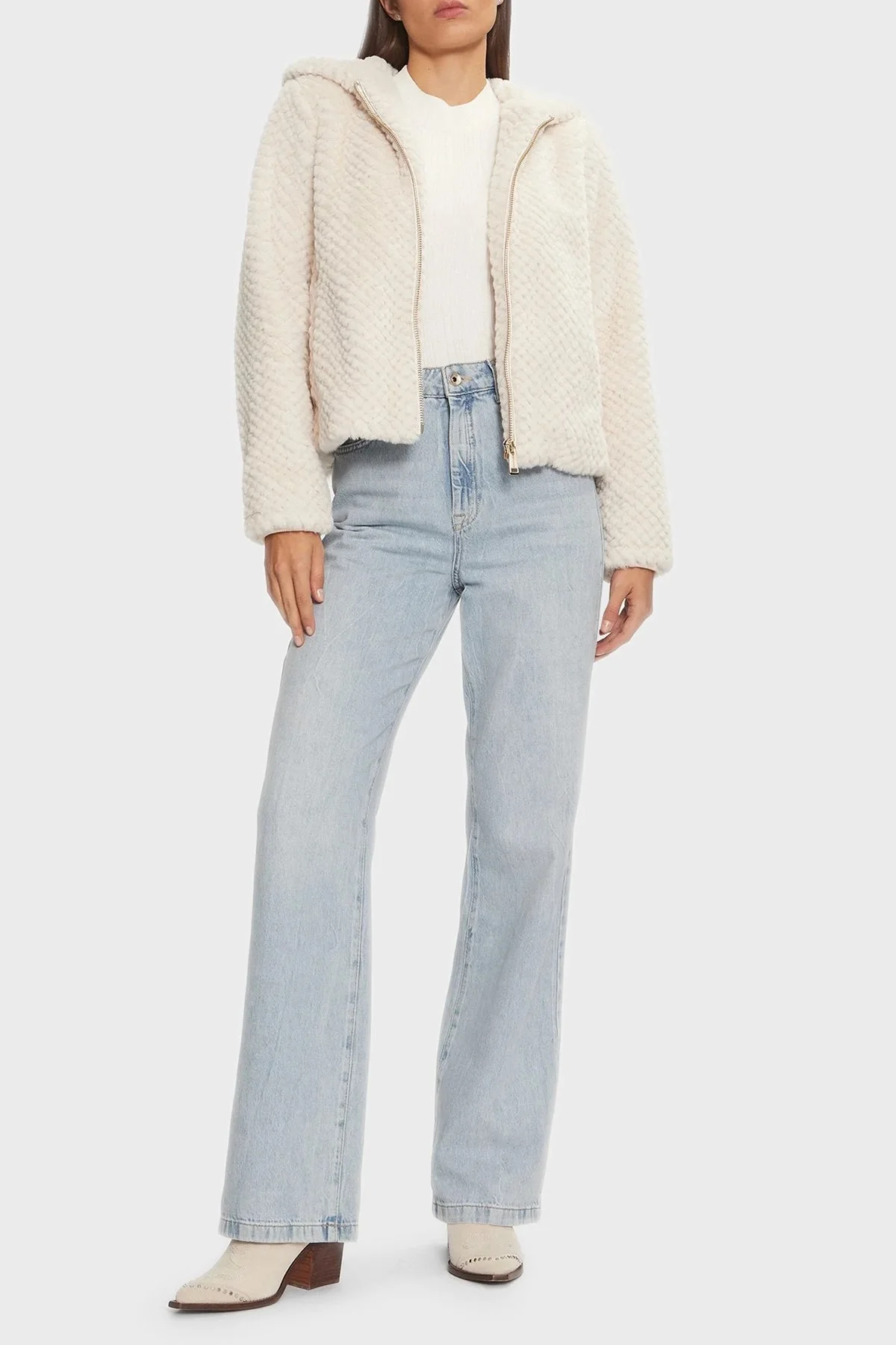 Guess New Theoline Yumuşak Tüylü Kapüşonlu Crop W3BL50WFSD0 Bayan Ceket W3BL50 WFSD0 G9L9 EKRU - 3