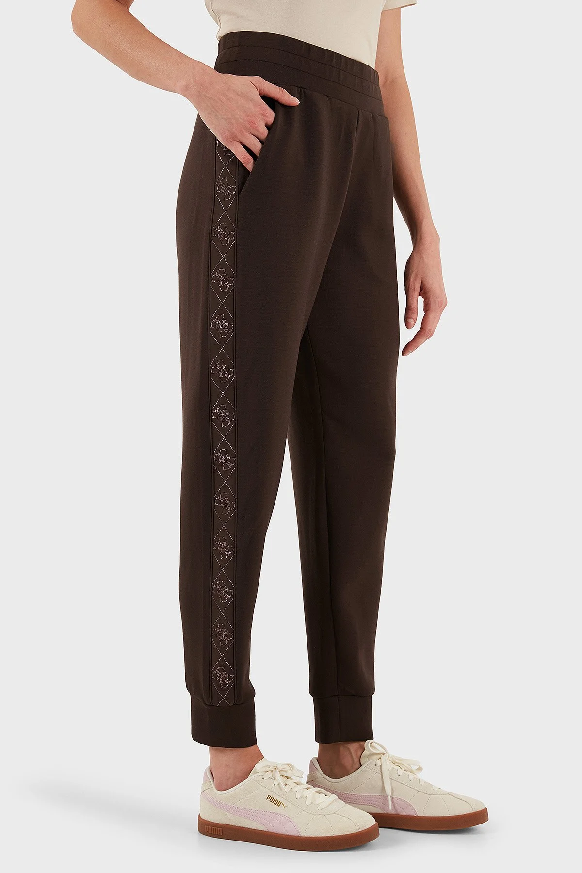 Guess New Victoire Regular Fit Ribanalı Paça Logo Şeritli W5YB11KBYE2 Bayan Pantolon W5YB11 KBYE2 G1EB KAHVE - 4