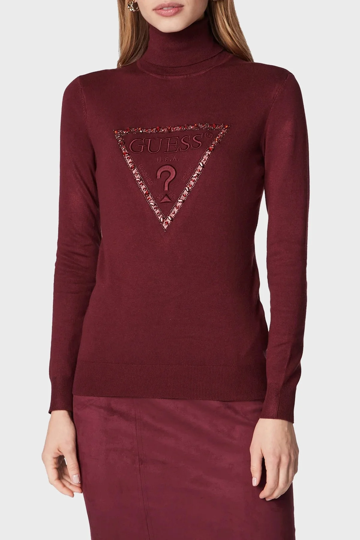 Guess Noemi Logolu Balıkçı Yaka Slim Fit Triko Bayan Kazak W2BR50Z2NQ2 A502 BORDO - 1