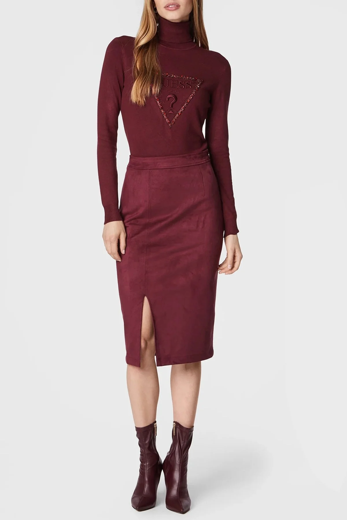 Guess Noemi Logolu Balıkçı Yaka Slim Fit Triko Bayan Kazak W2BR50Z2NQ2 A502 BORDO - 2