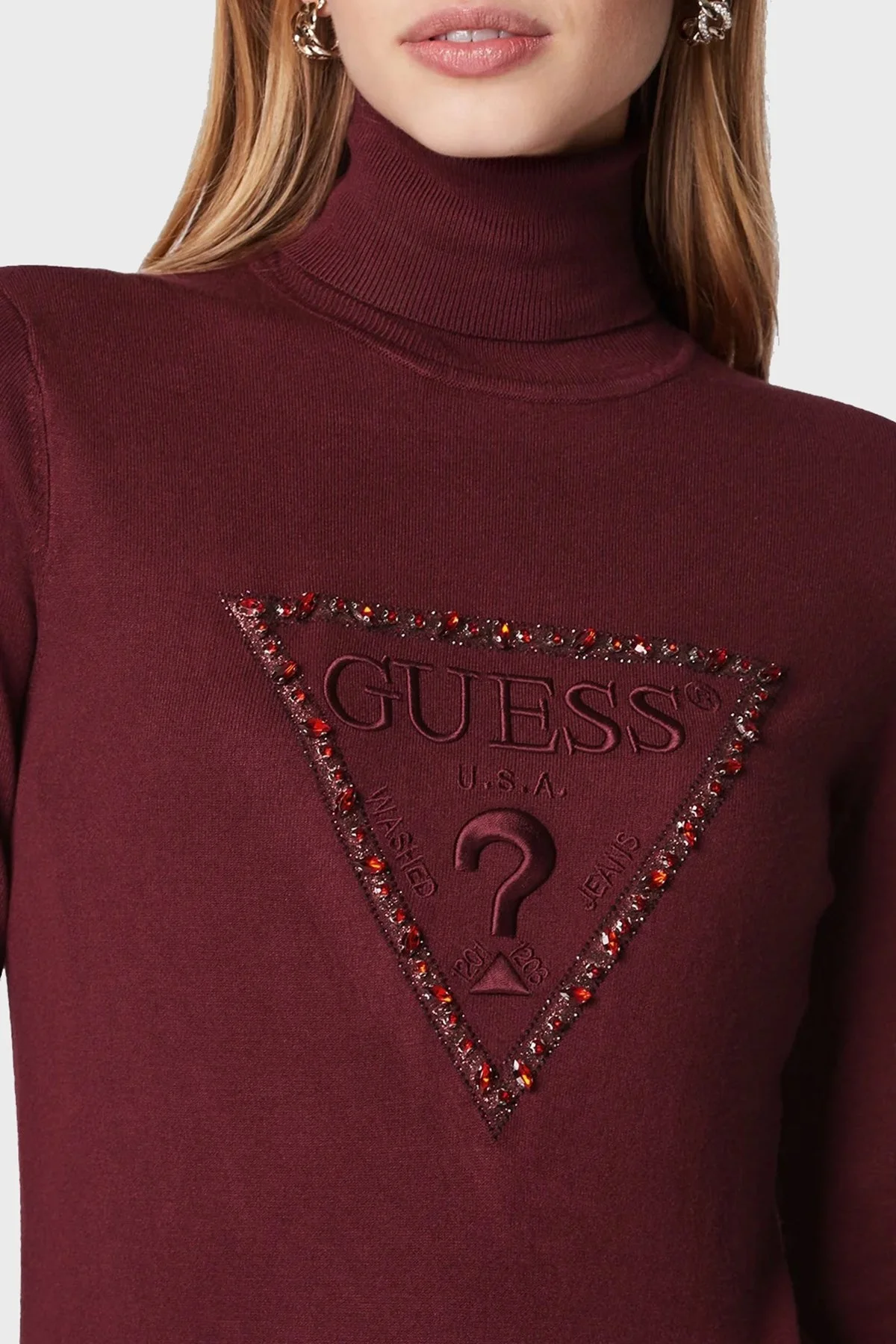 Guess Noemi Logolu Balıkçı Yaka Slim Fit Triko Bayan Kazak W2BR50Z2NQ2 A502 BORDO - 4