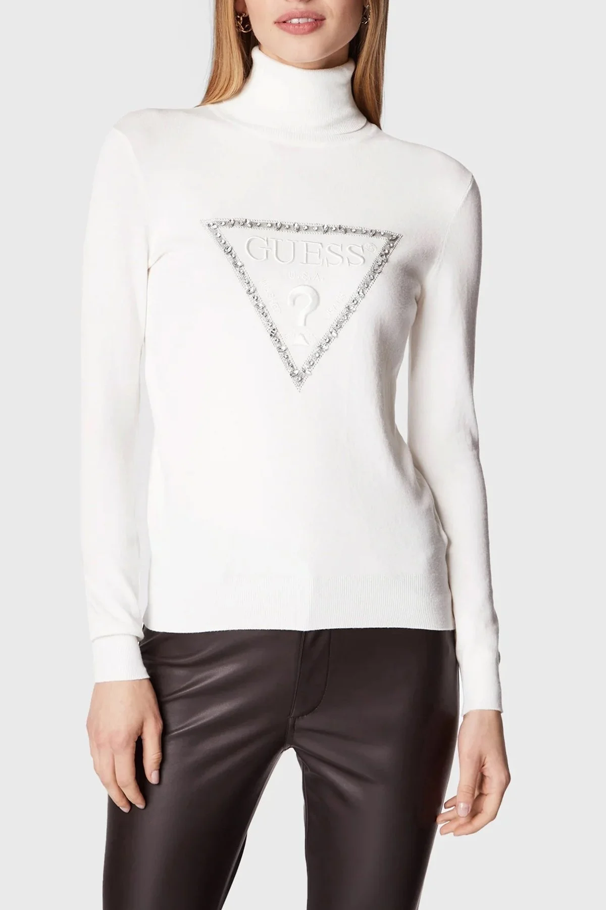 Guess Noemi Logolu Balıkçı Yaka Slim Fit Triko Bayan Kazak W2BR50Z2NQ2 G012 EKRU - 1