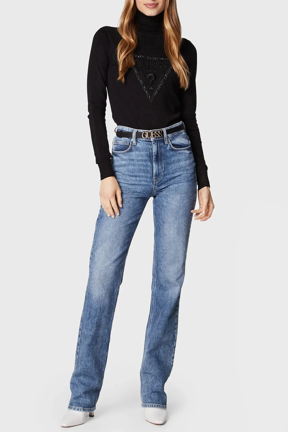 Guess Noemi Logolu Balıkçı Yaka Slim Fit Triko Bayan Kazak W2BR50Z2NQ2 JBLK SİYAH - 3