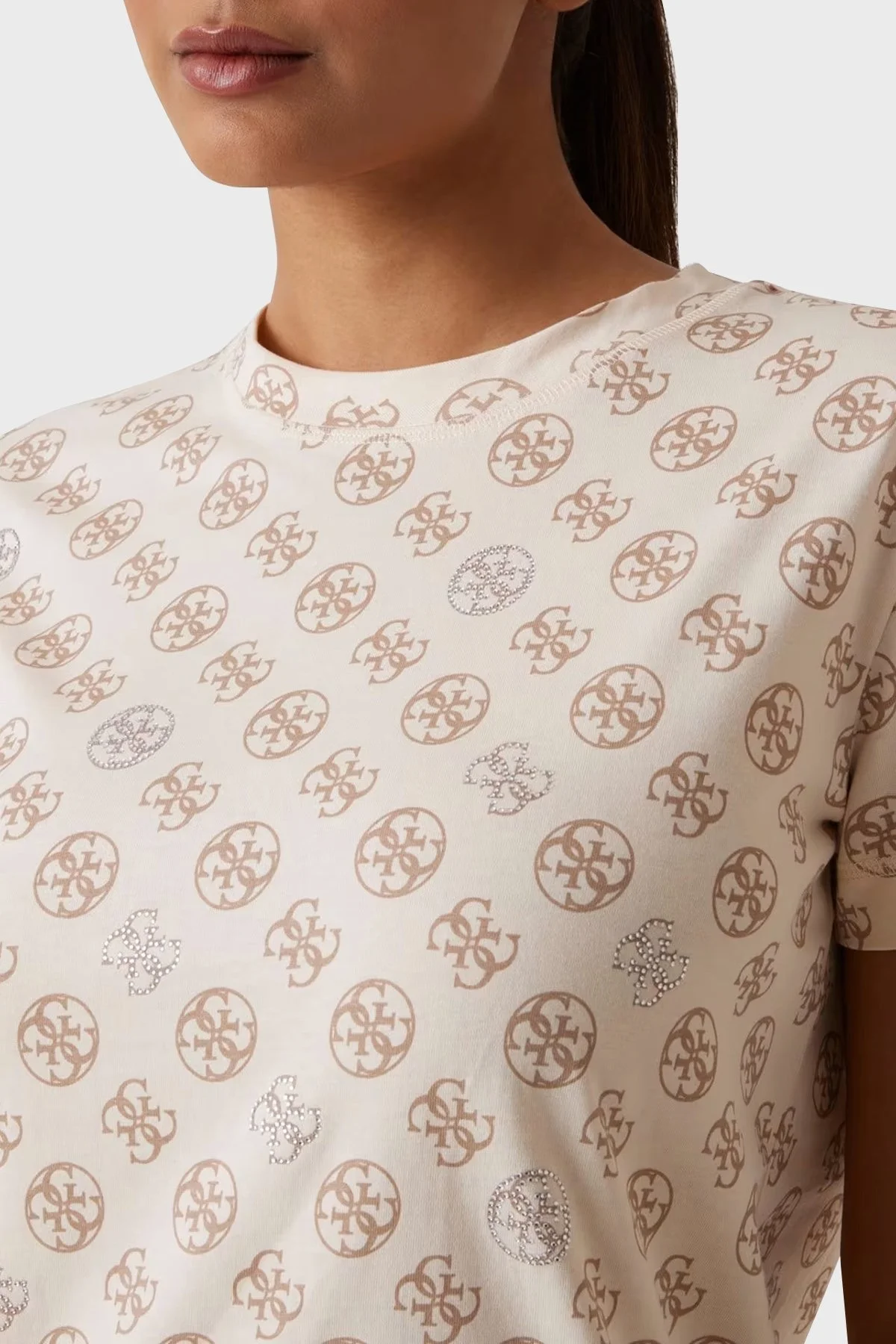 Guess Nomie % 100 Pamuk Regular Fit Tamamı 4G Logolu V4YI04I3Z14 Bayan T Shirt V4YI04 I3Z14 P1KW BEJ - 9