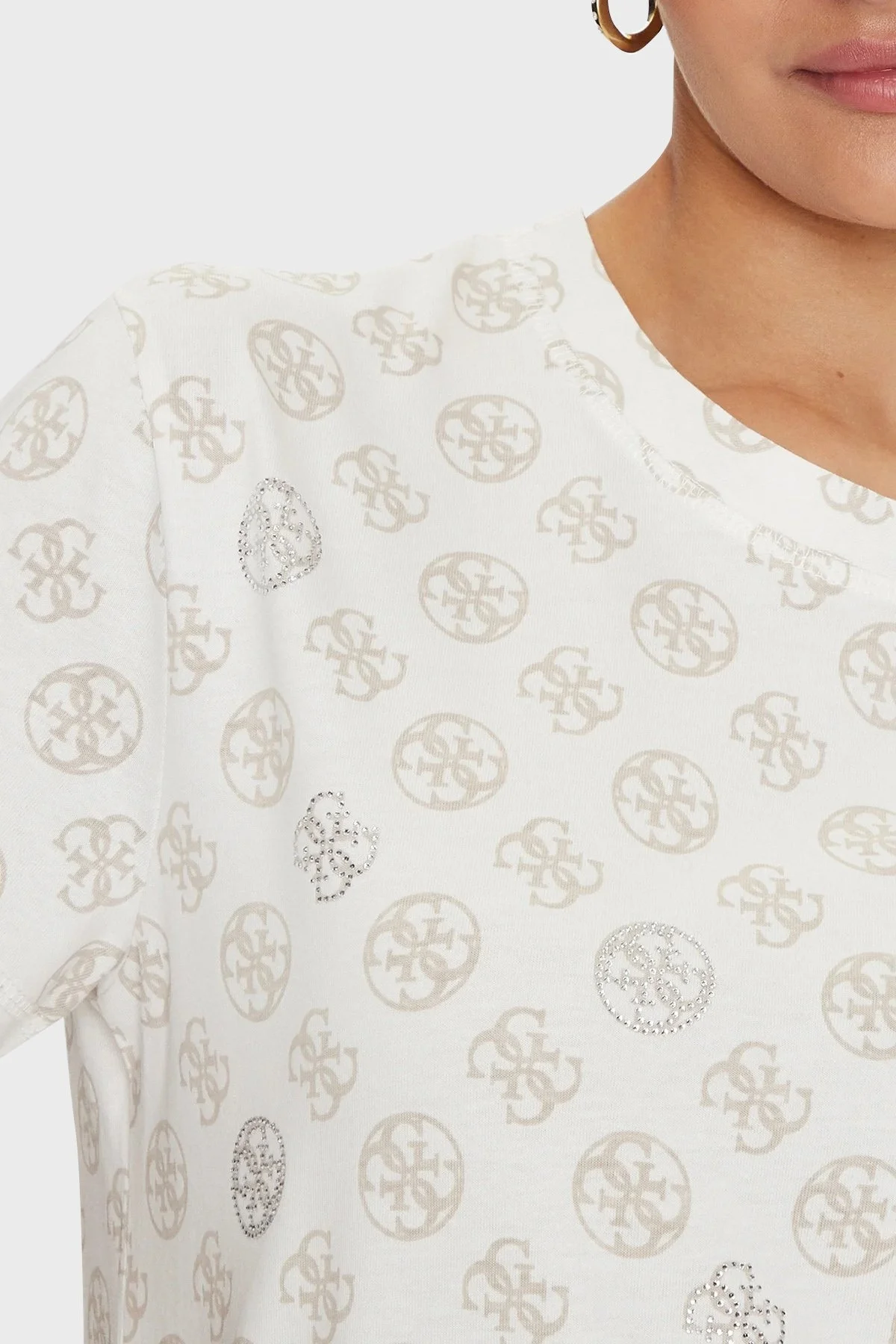 Guess Nomie % 100 Pamuk Standart Fit Bisiklet Yaka V4YI04I3Z14 Bayan T Shirt V4YI04 I3Z14 P1HF EKRU - 5