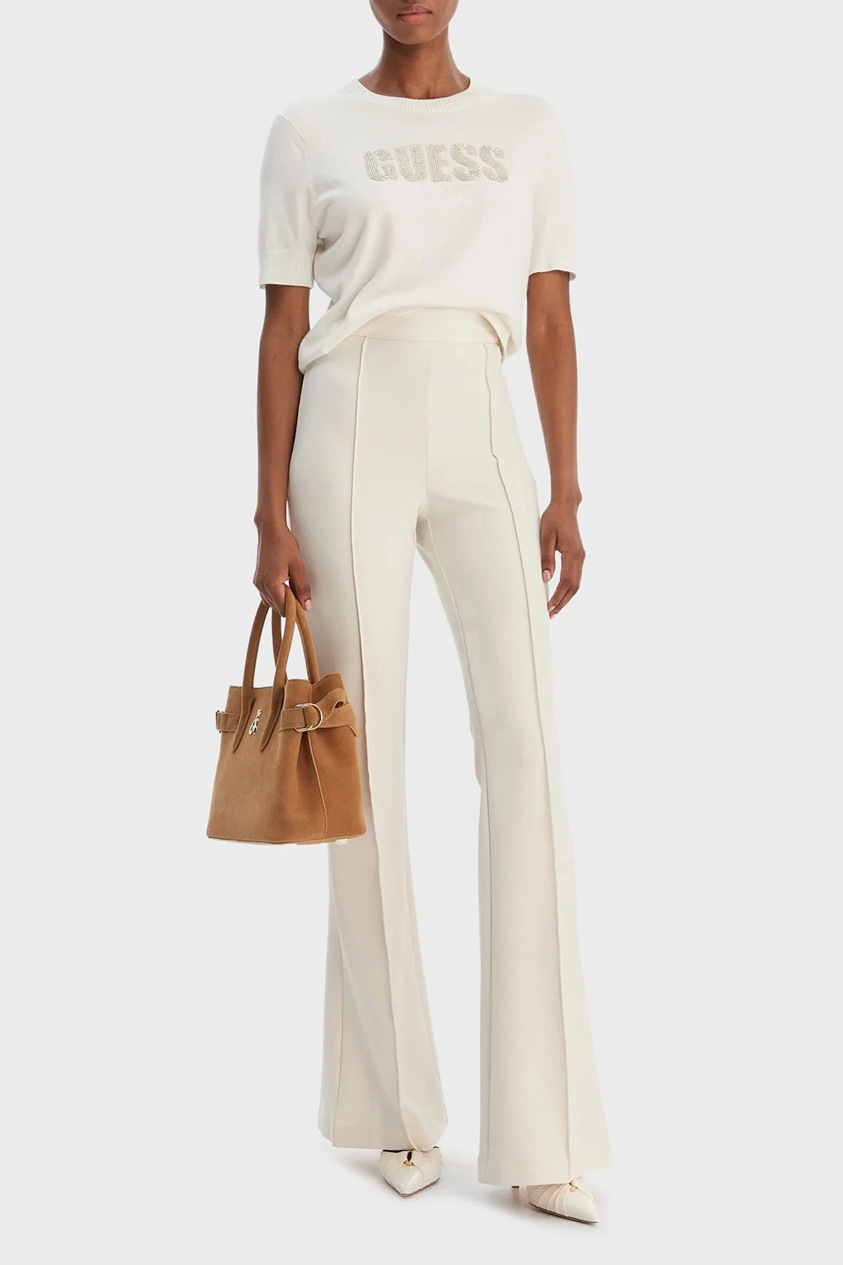 Guess Norah Regular Fit Bisiklet Yaka Taşlı Logolu W6RR47Z2NQ2 Bayan Kazak W6RR47 Z2NQ2 G012 BEYAZ - 2