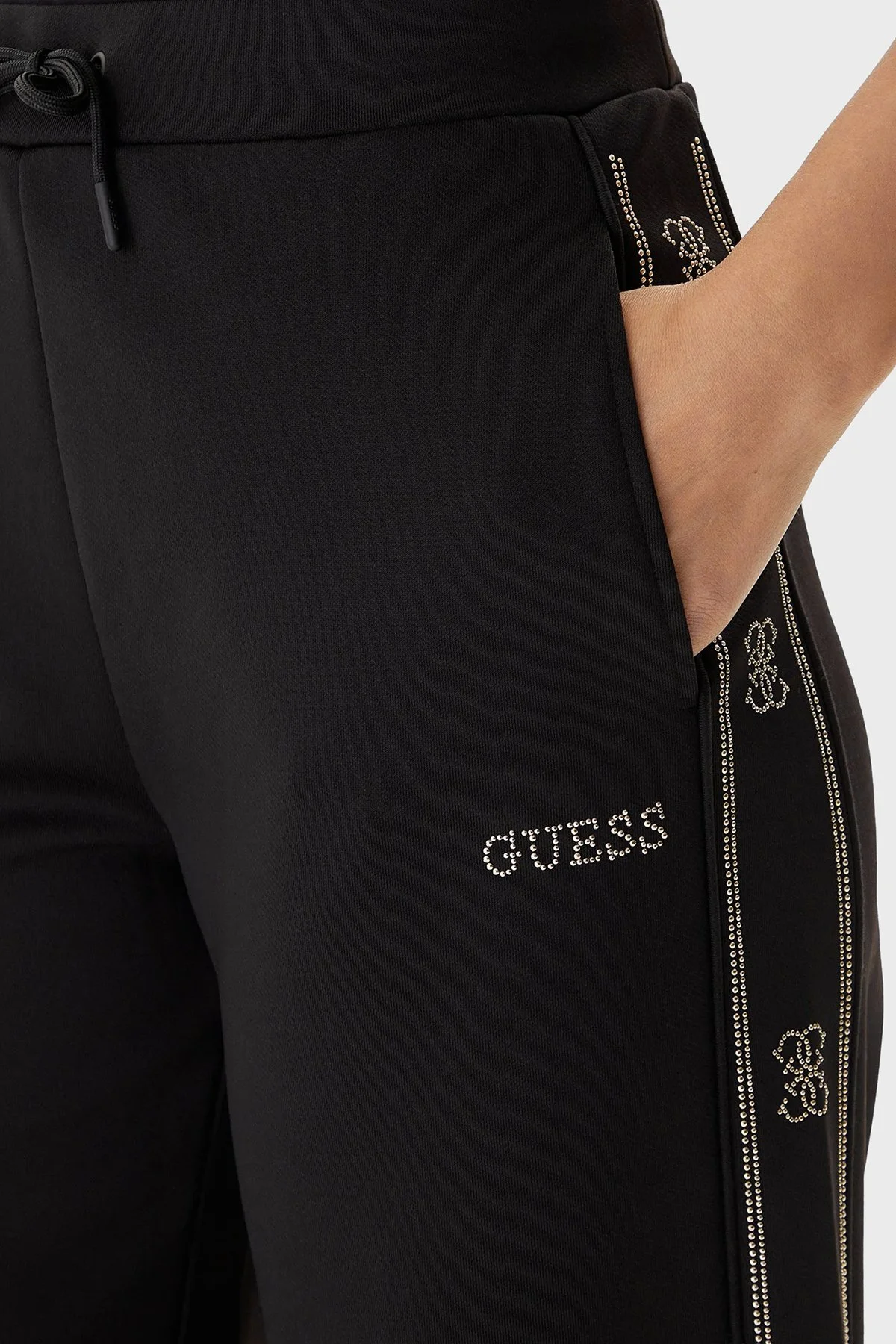 Guess Octavia Loose Fit Normal Bel Geniş Paça Taş Detaylı V5BB12KCX22 Bayan Pantolon V5BB12 KCX22 JBLK SİYAH - 4