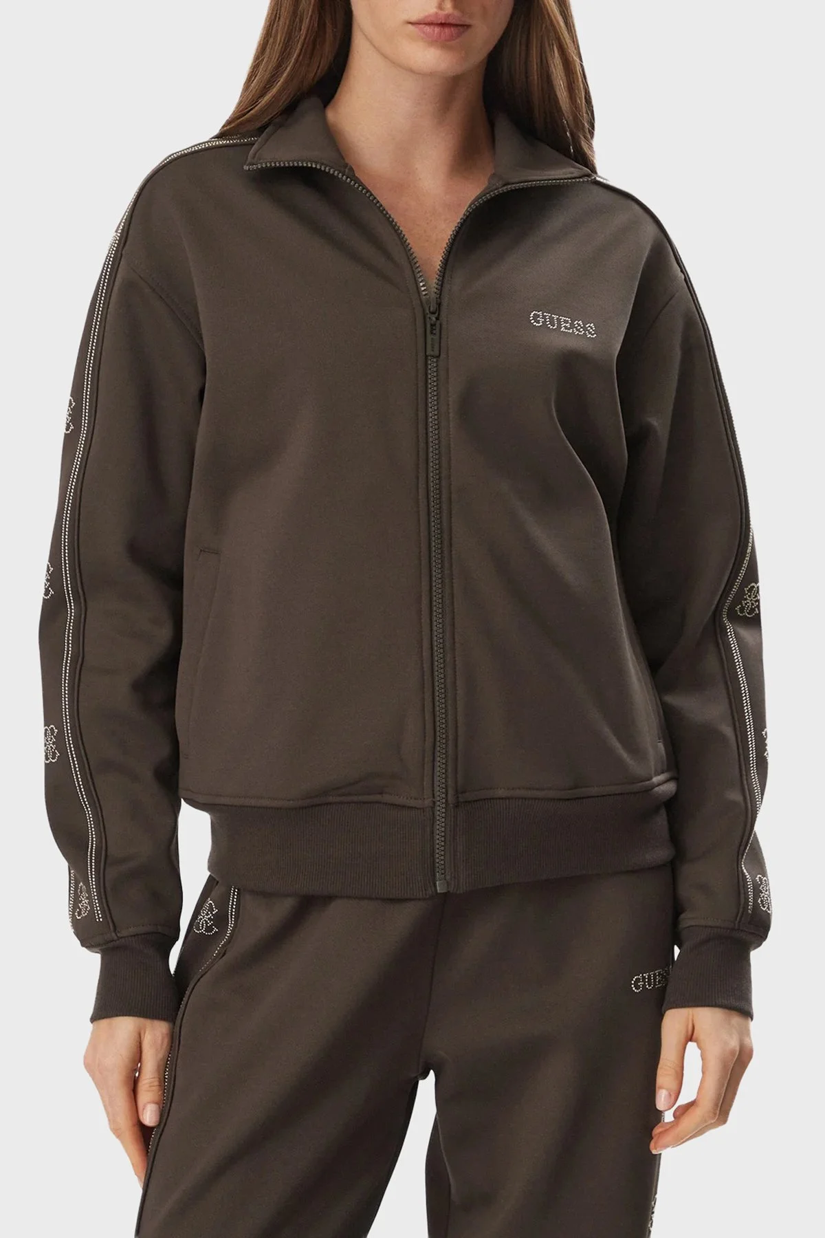 Guess Octavia Regular Fit Dik Yaka Fermuarlı Logolu V5BQ15KCX22 Kadın Sweat V5BQ15 KCX22 G1EA Kahve - 1