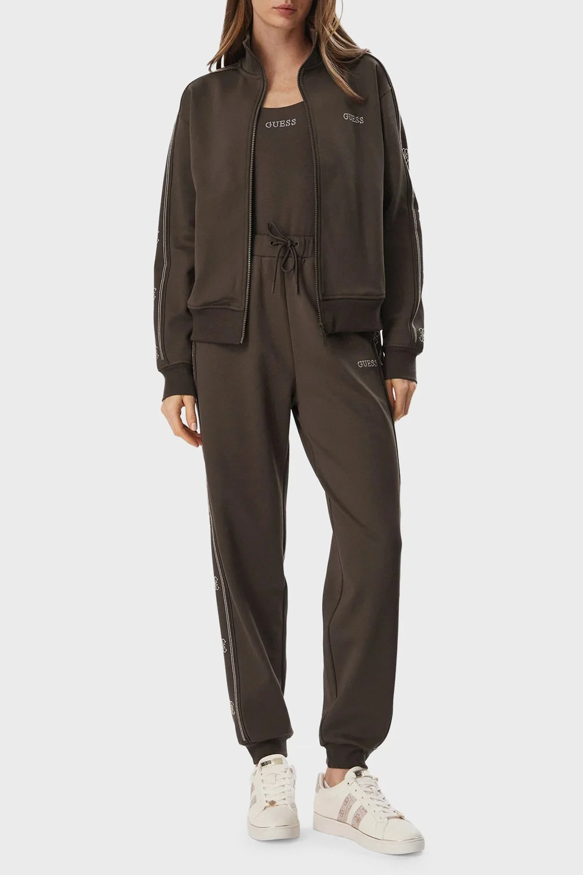 Guess Octavia Regular Fit Dik Yaka Fermuarlı Logolu V5BQ15KCX22 Kadın Sweat V5BQ15 KCX22 G1EA Kahve - 2