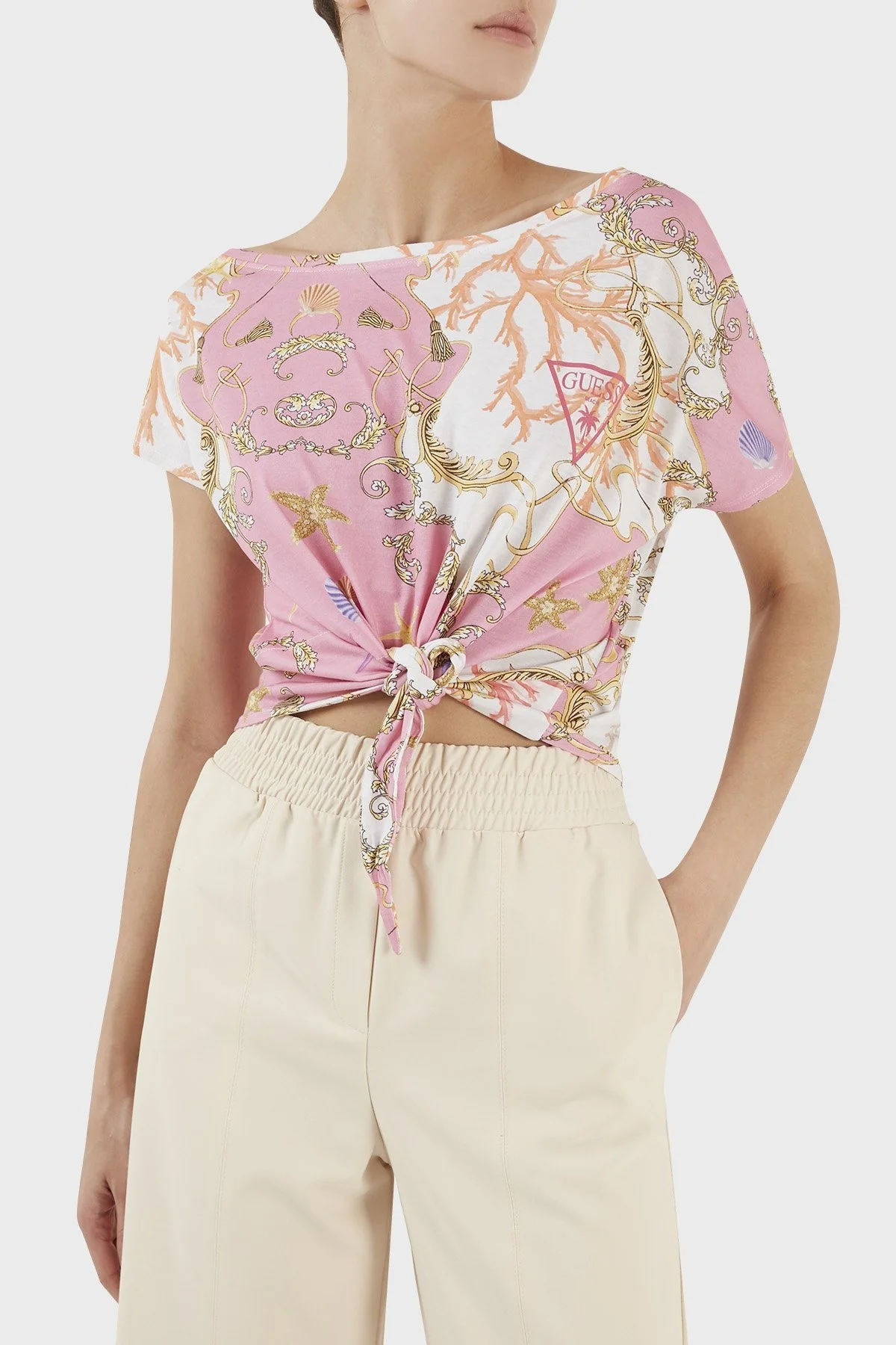 Guess Off Shoulder Desenli Bağlama Detaylı Bisiklet Yaka Pamuklu Bayan T Shirt E3GP02K46D1 P63W PEMBE - 3