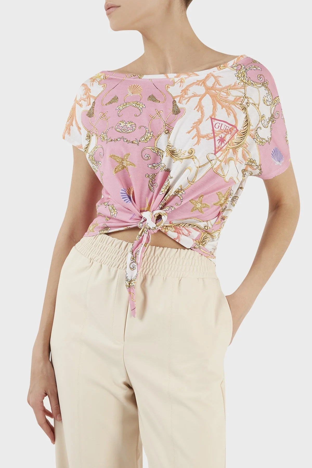 Guess Off Shoulder Desenli Bağlama Detaylı Bisiklet Yaka Pamuklu Bayan T Shirt E3GP02K46D1 P63W PEMBE - 5