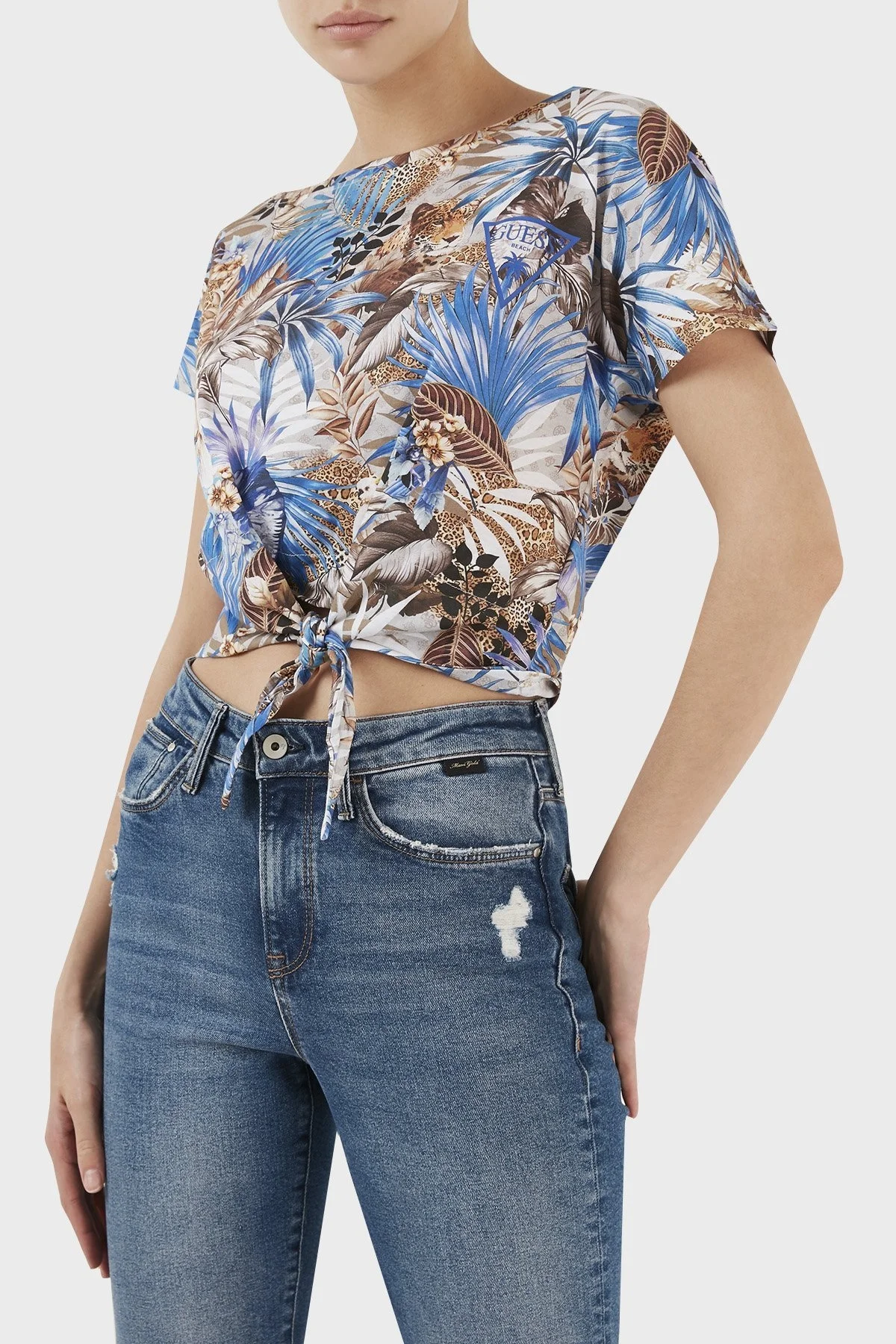 Guess Off Shoulder Desenli Bağlama Detaylı Bisiklet Yaka Pamuklu Bayan T Shirt E3GP02K46D1 P7HB MAVİ - 1