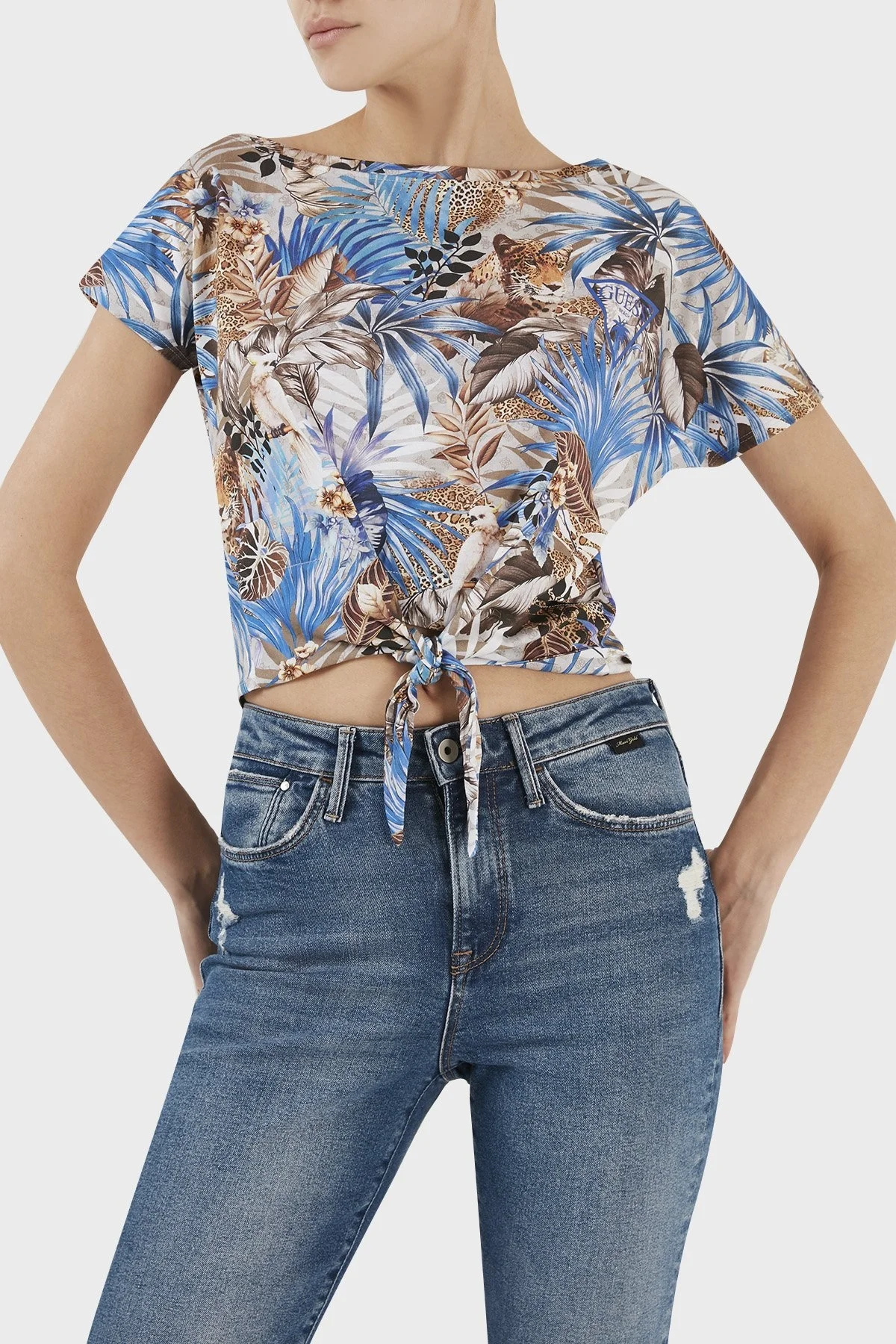 Guess Off Shoulder Desenli Bağlama Detaylı Bisiklet Yaka Pamuklu Bayan T Shirt E3GP02K46D1 P7HB MAVİ - 2