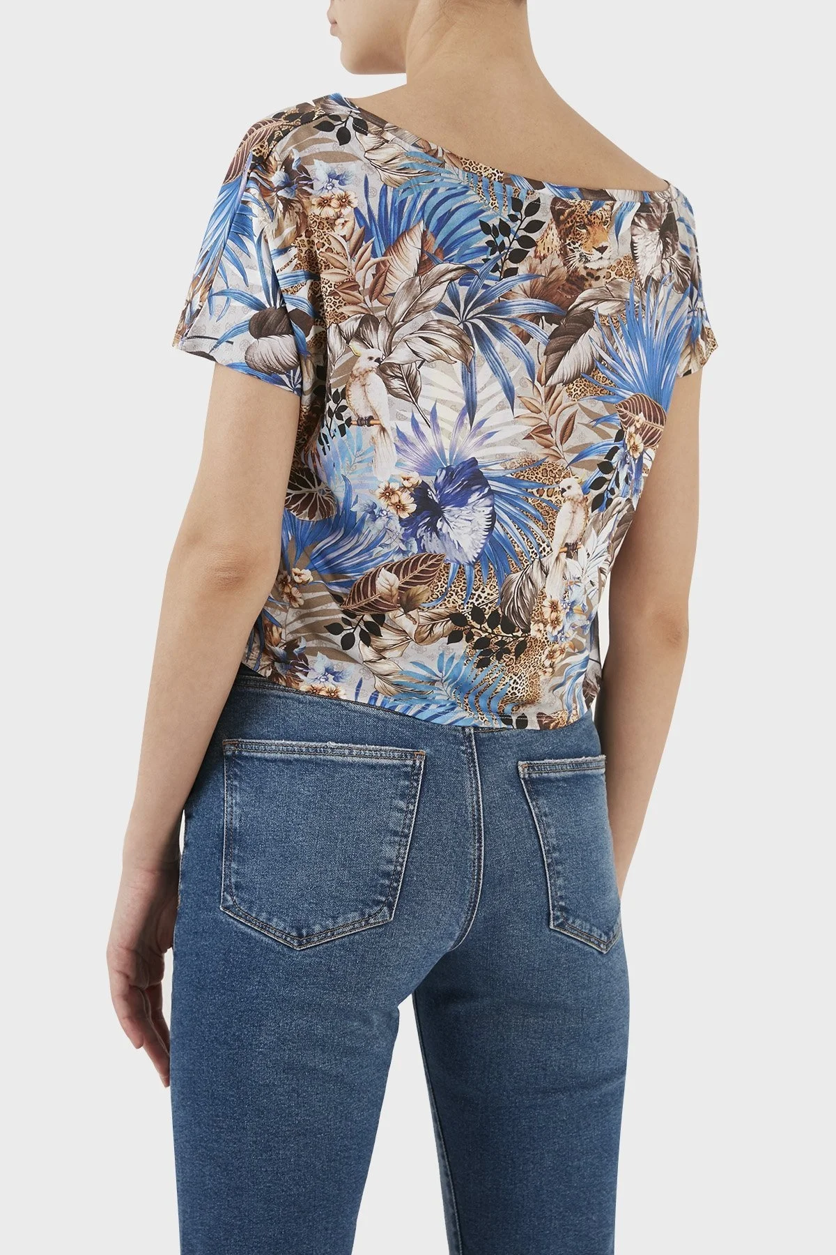 Guess Off Shoulder Desenli Bağlama Detaylı Bisiklet Yaka Pamuklu Bayan T Shirt E3GP02K46D1 P7HB MAVİ - 5