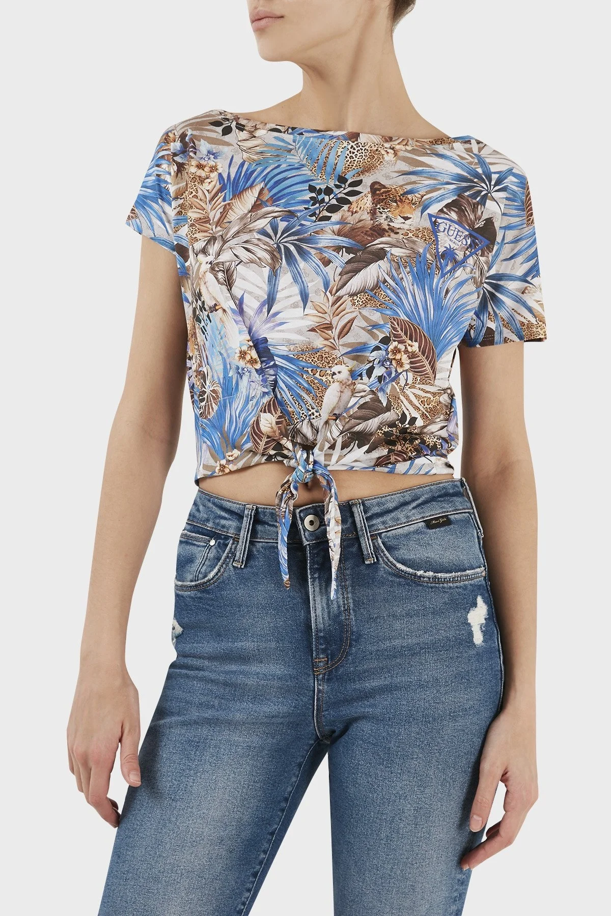 Guess Off Shoulder Desenli Bağlama Detaylı Bisiklet Yaka Pamuklu Bayan T Shirt E3GP02K46D1 P7HB MAVİ - 6