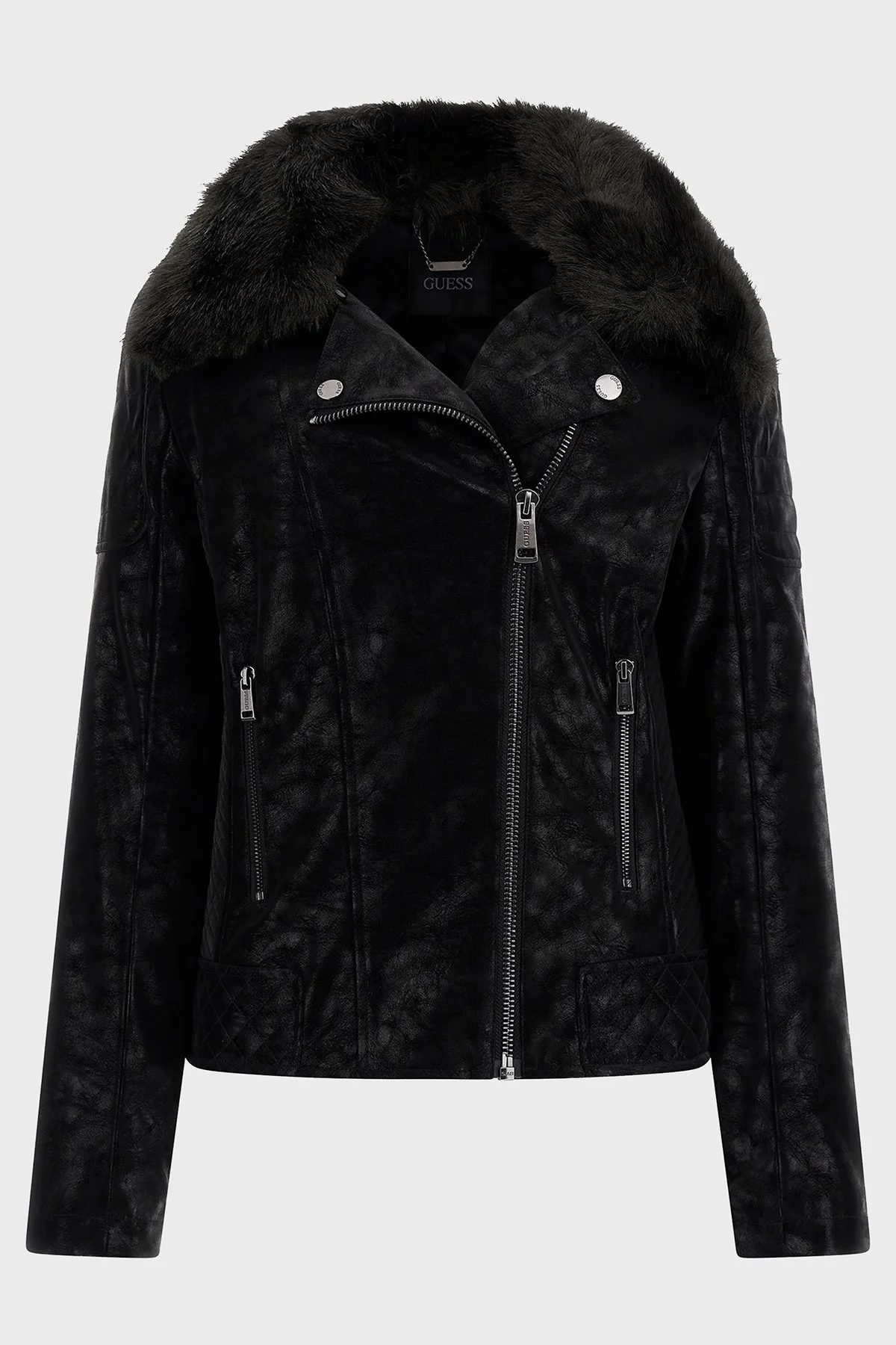 Guess Olivia Çıkatılabilir Suni Kürklü Fermuarlı Slim Fit Deri Bayan Mont W2BL62WE5V0 JBLK SİYAH - 6