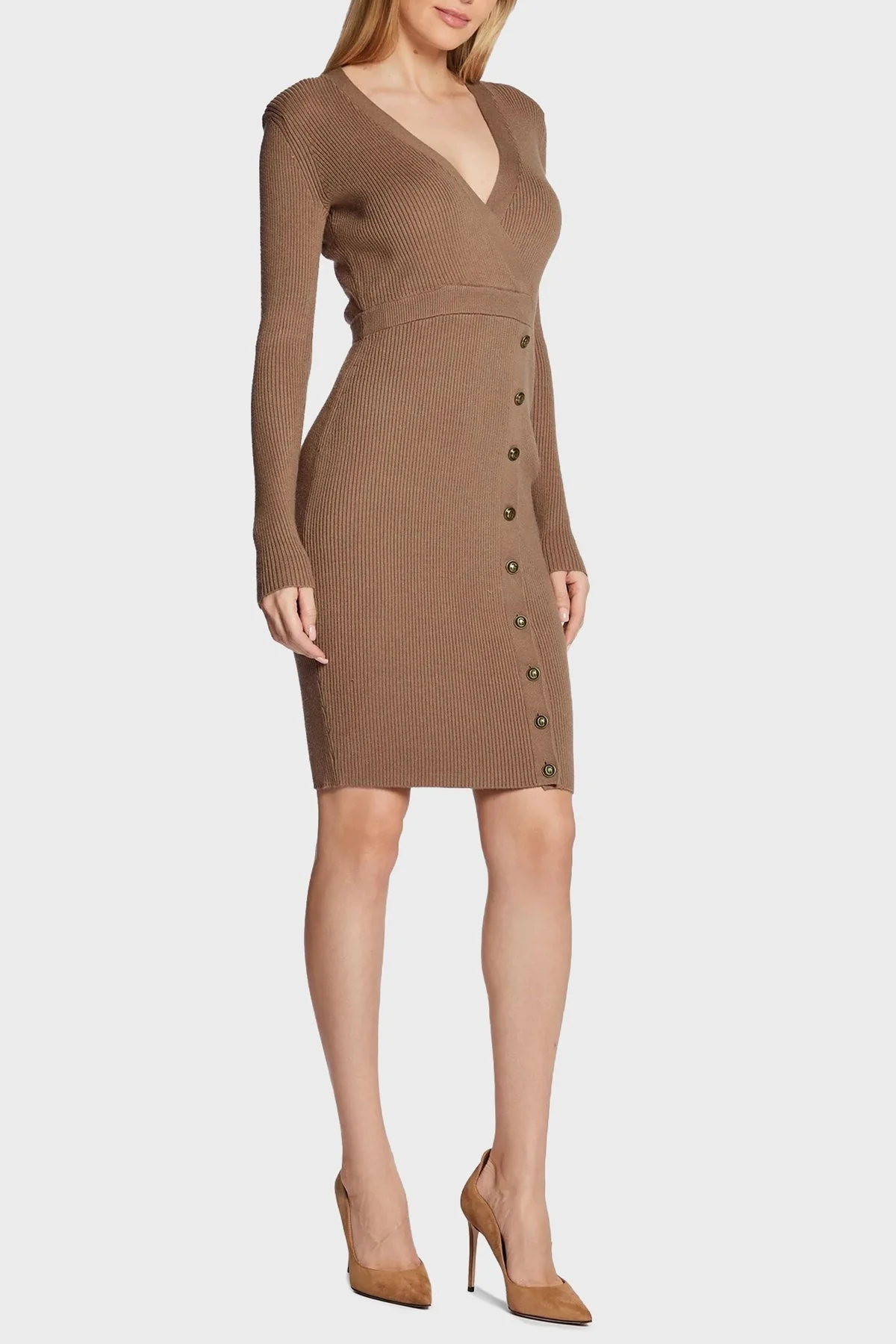 Guess Önden Düğme Kapamalı V Yaka Regular Fit Alexandra Triko Bayan Elbise W2BK39Z2V42 G1FL AÇIK KAHVE - 1