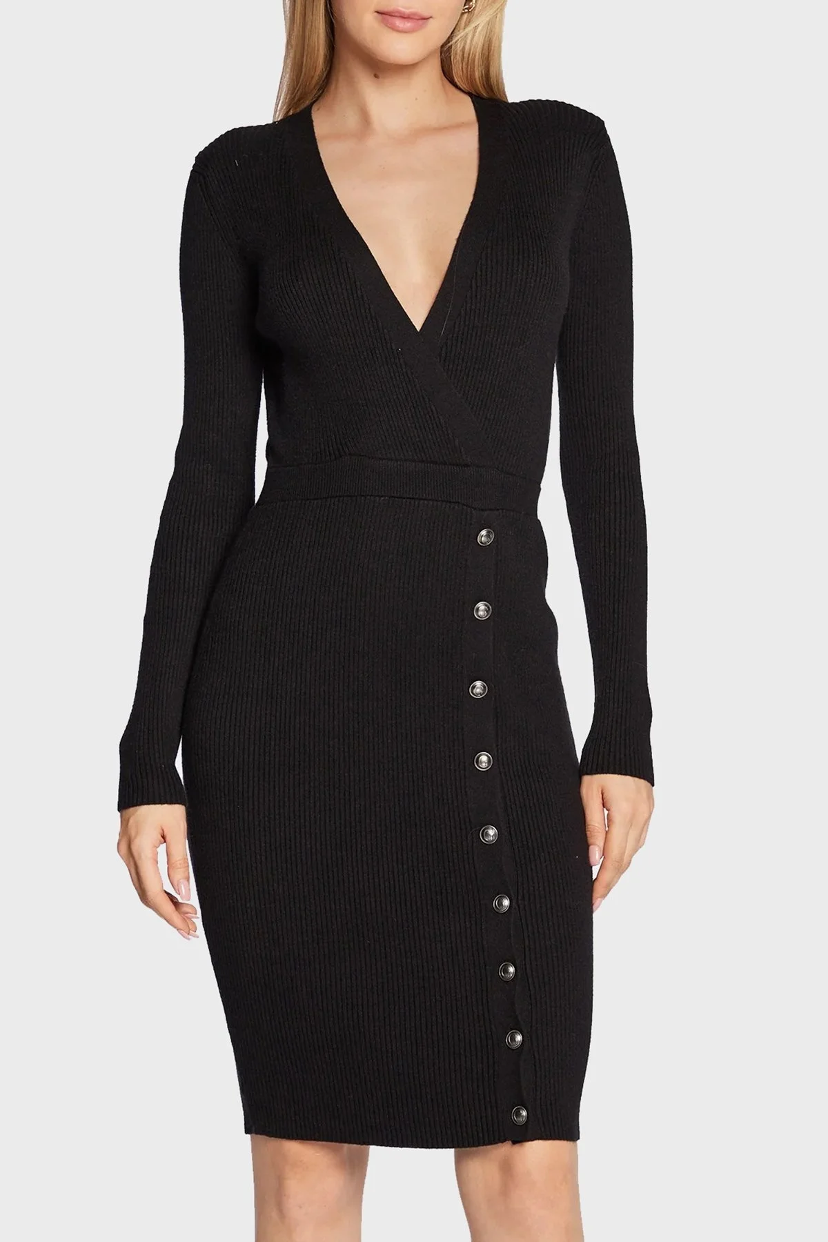 Guess Önden Düğme Kapamalı V Yaka Regular Fit Alexandra Triko Bayan Elbise W2BK39Z2V42 JBLK SİYAH - 1