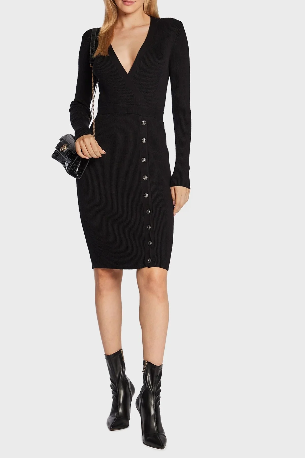 Guess Önden Düğme Kapamalı V Yaka Regular Fit Alexandra Triko Bayan Elbise W2BK39Z2V42 JBLK SİYAH - 2