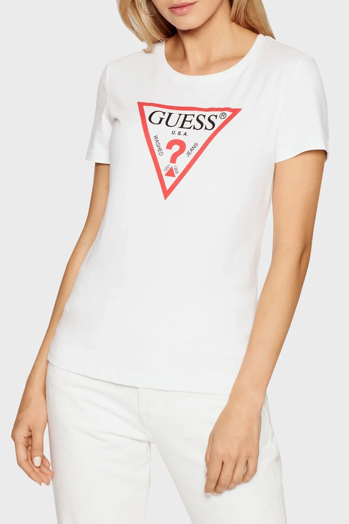 Guess Organik Pamuklu Baskılı Bisiklet Yaka Bayan T Shirt W1YI1BI3Z11 G011 BEYAZ - 1