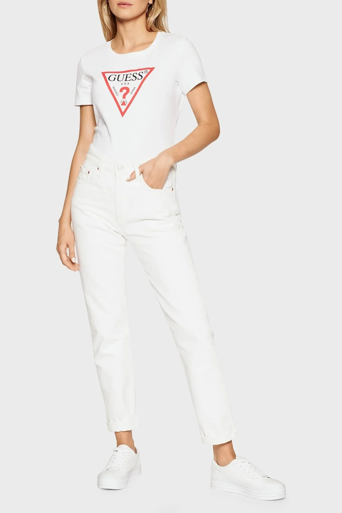 Guess Organik Pamuklu Baskılı Bisiklet Yaka Bayan T Shirt W1YI1BI3Z11 G011 BEYAZ - 2