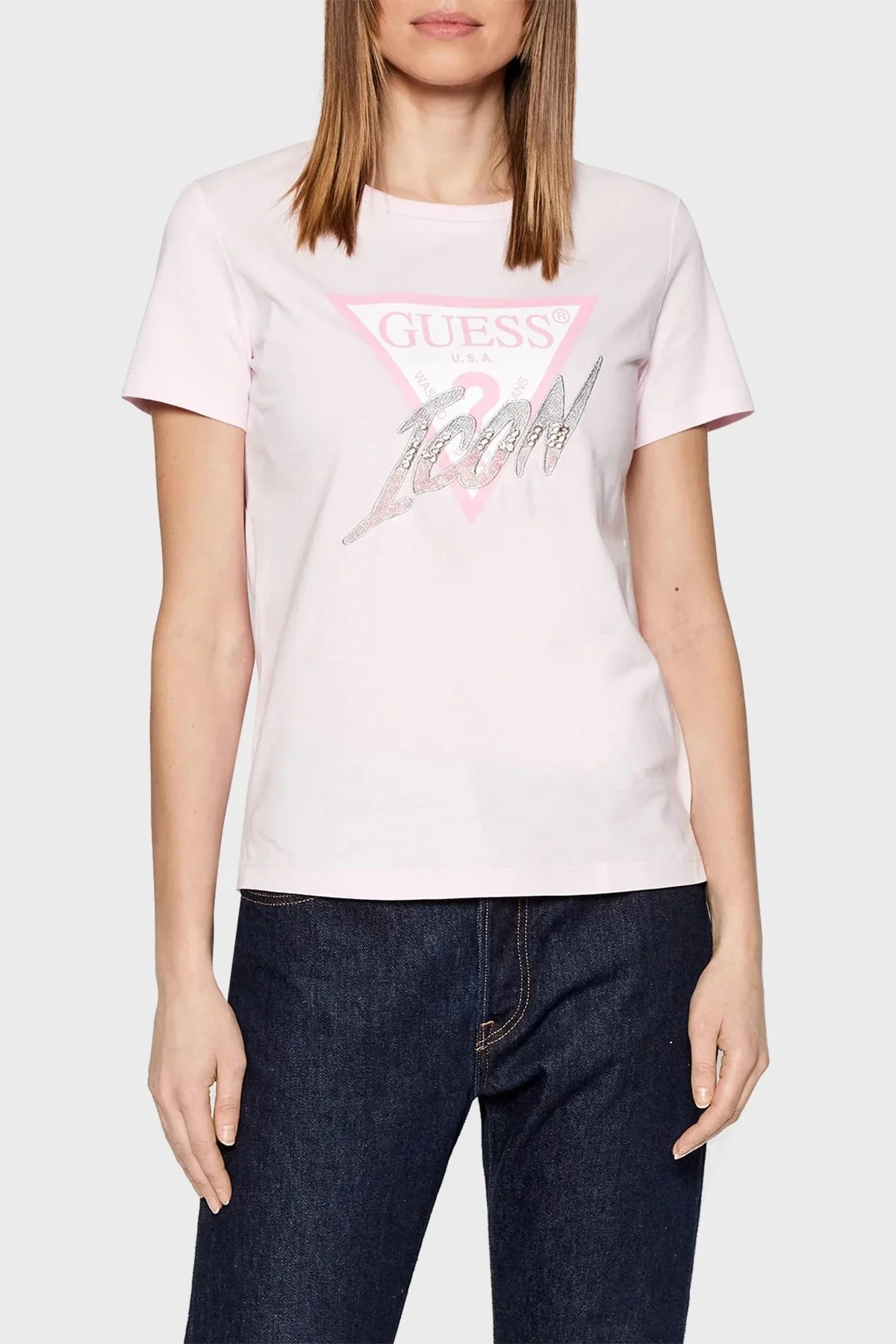 Guess Organik Pamuklu Baskılı Regular Fit Bisiklet Yaka Bayan T Shirt W2GI02I3Z11 G6K9 PEMBE - 1