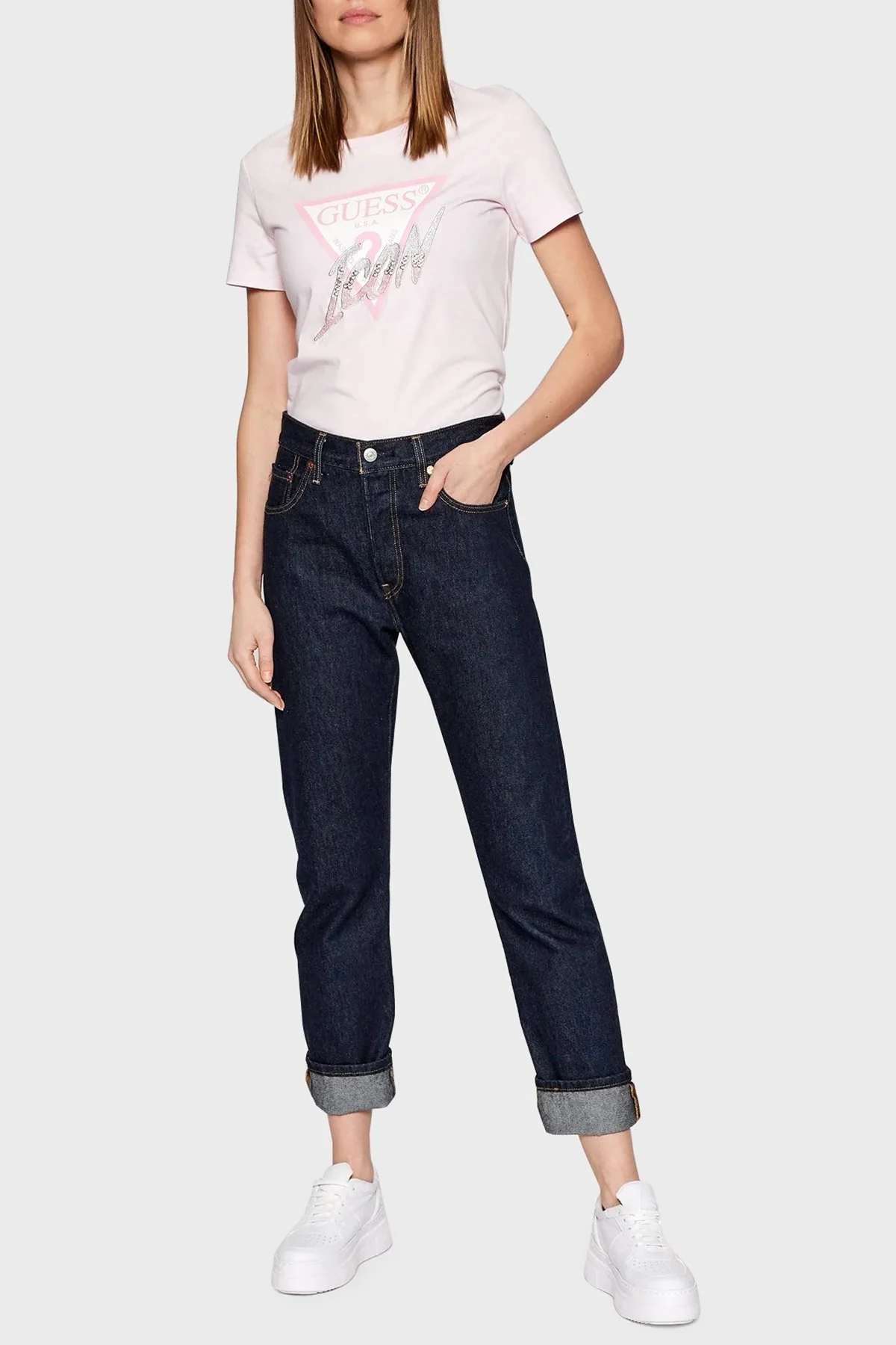 Guess Organik Pamuklu Baskılı Regular Fit Bisiklet Yaka Bayan T Shirt W2GI02I3Z11 G6K9 PEMBE - 2