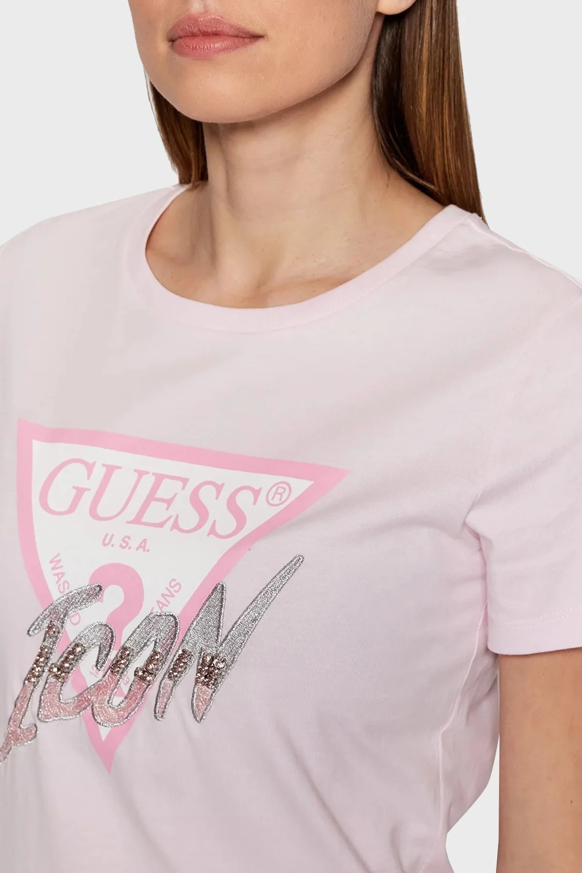 Guess Organik Pamuklu Baskılı Regular Fit Bisiklet Yaka Bayan T Shirt W2GI02I3Z11 G6K9 PEMBE - 4
