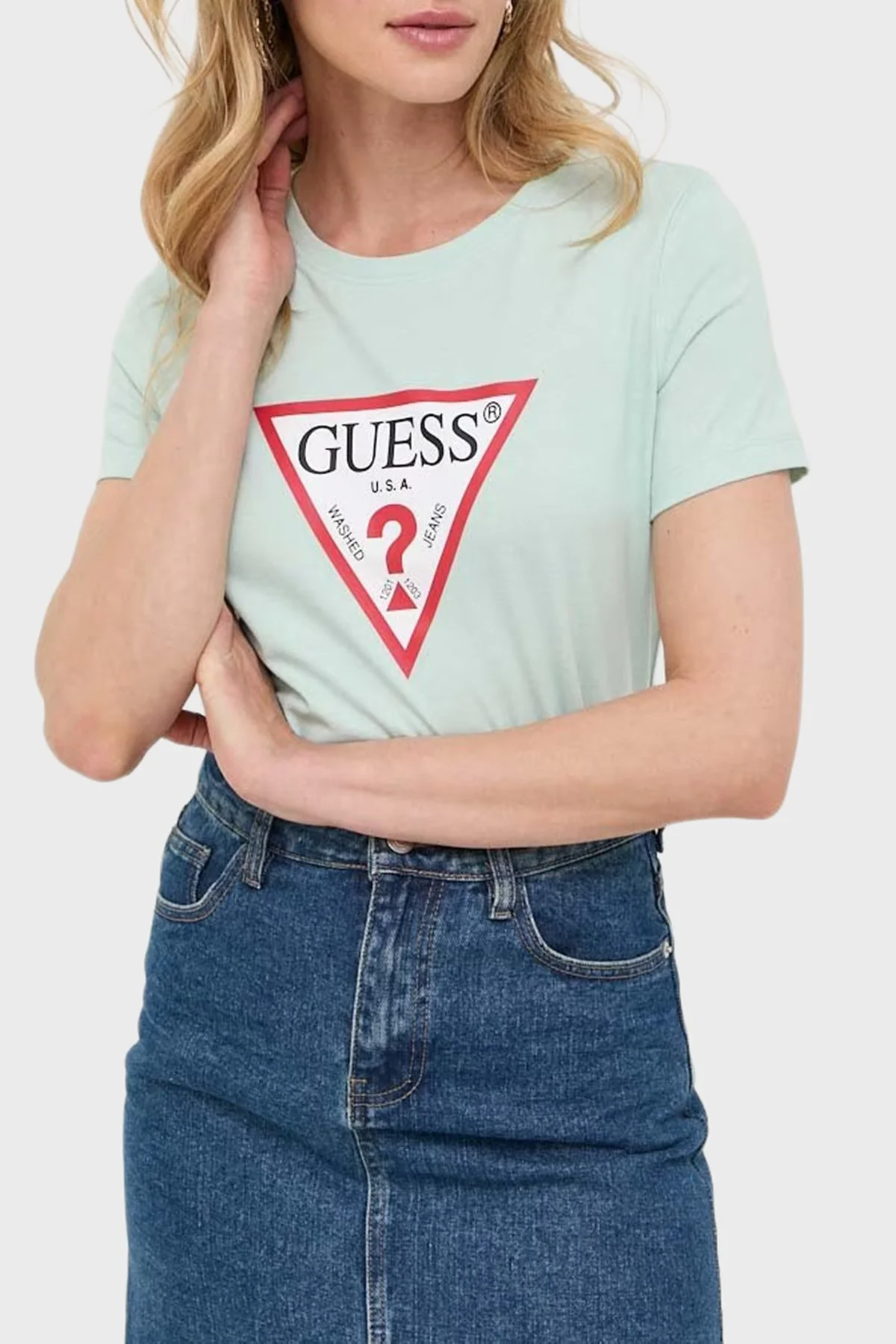 Guess Original Pamuklu Slim Fit Bisiklet Yaka Logolu W1YI1BI3Z14 Bayan T Shirt W1YI1BI3Z14 A72C YEŞİL - 1
