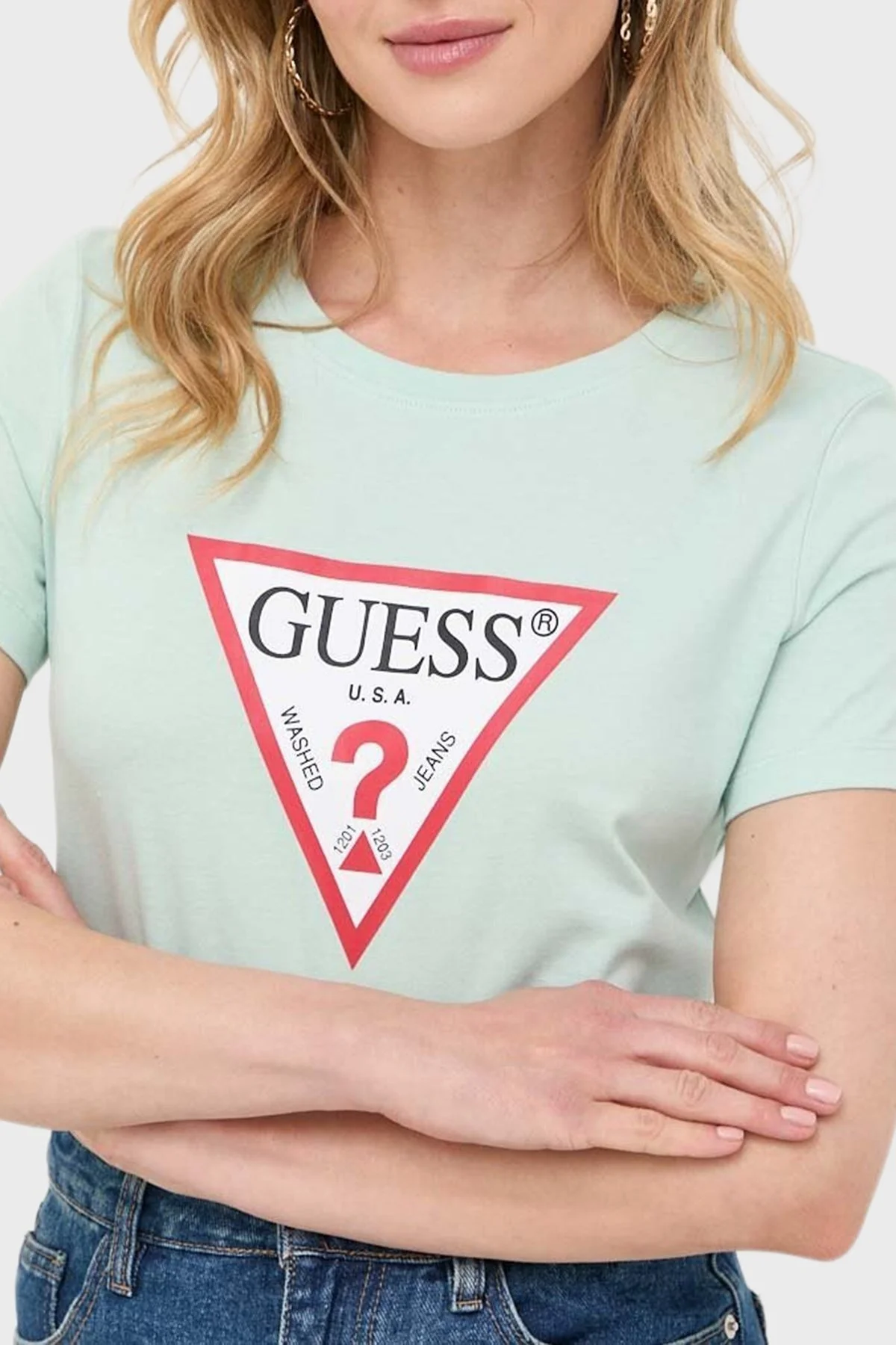 Guess Original Pamuklu Slim Fit Bisiklet Yaka Logolu W1YI1BI3Z14 Bayan T Shirt W1YI1BI3Z14 A72C YEŞİL - 4