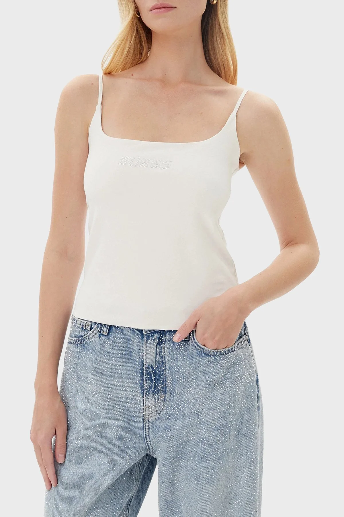 Guess Ortensia Pamuklu Slim Fit Taşlı Logolu V5GP22J1314 Bayan Top V5GP22 J1314 G056 KREM - 1