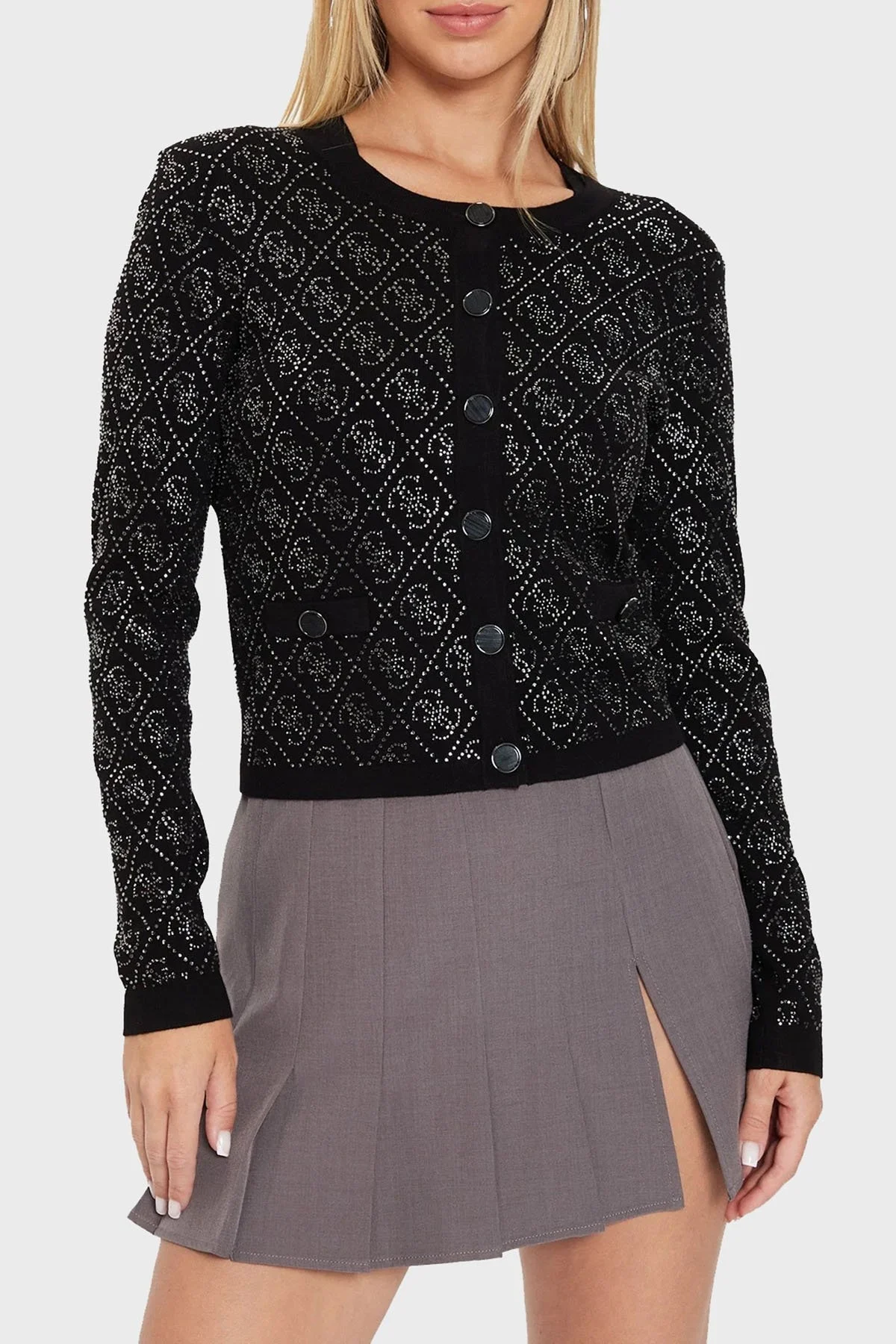 Guess Paige 4G Taşlı Logolu Regular Fit Bisiklet Yaka Crop Triko W4YR25Z3FN0 Bayan Hırka W4YR25 Z3FN0 JBLK SİYAH - 1