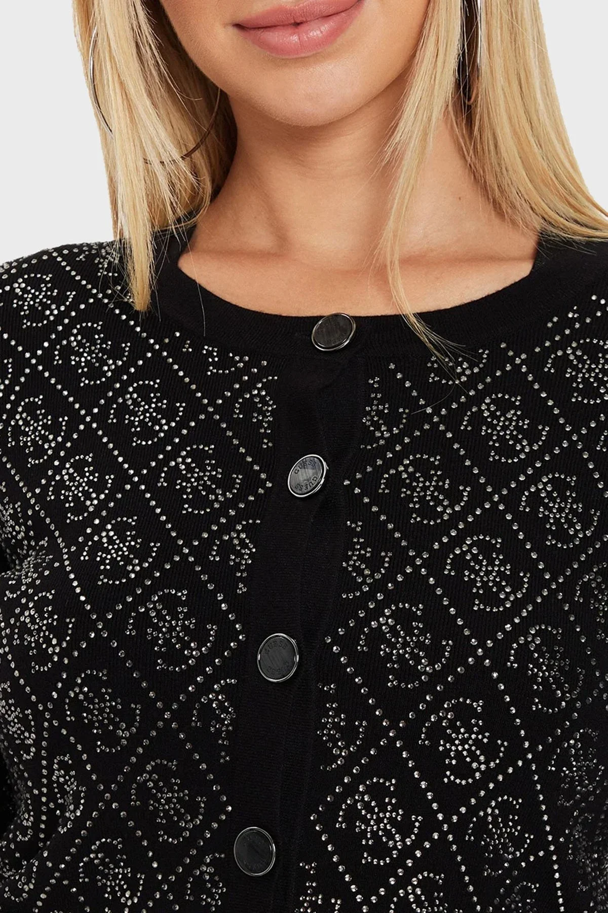 Guess Paige 4G Taşlı Logolu Regular Fit Bisiklet Yaka Crop Triko W4YR25Z3FN0 Bayan Hırka W4YR25 Z3FN0 JBLK SİYAH - 4