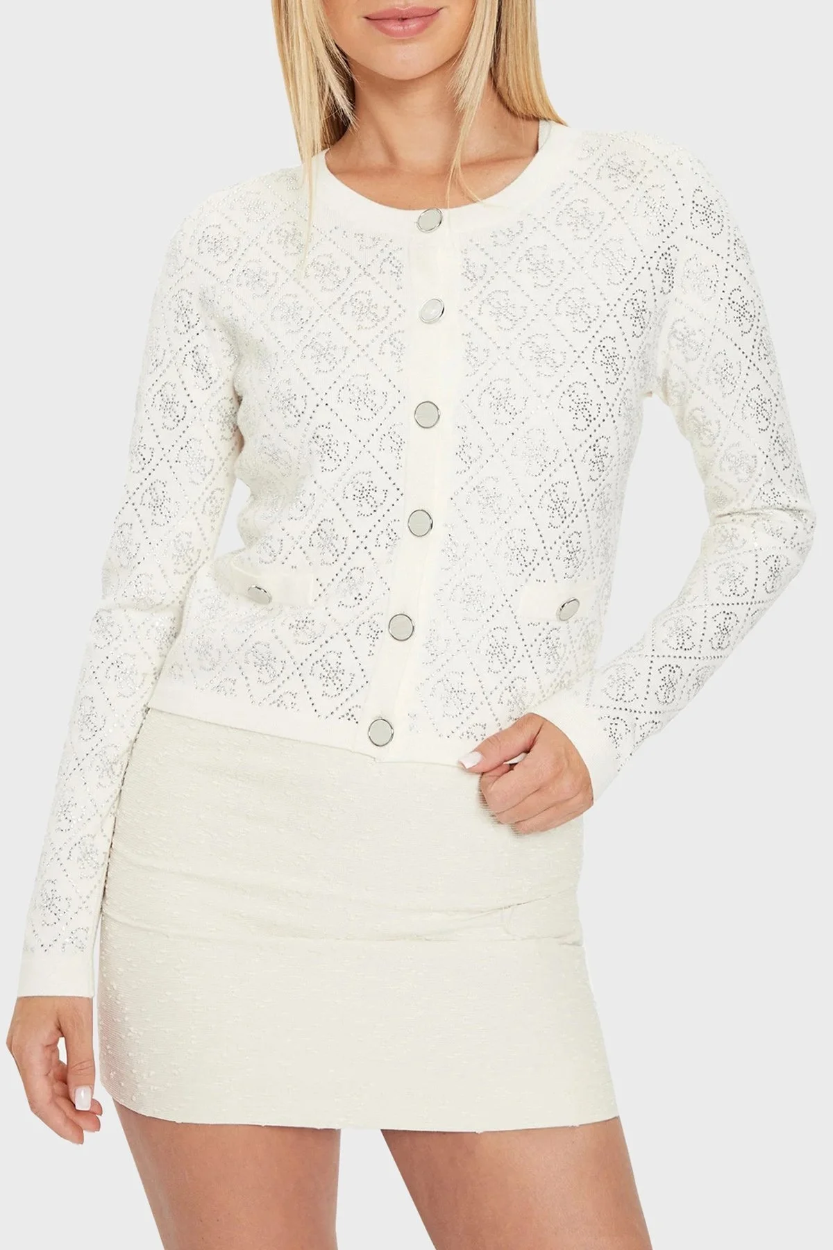 Guess Paige 4G Taşlı Logolu Regular Fit Crop Triko W4YR25Z3FN0 Bayan Hırka W4YR25 Z3FN0 G012 EKRU - 6