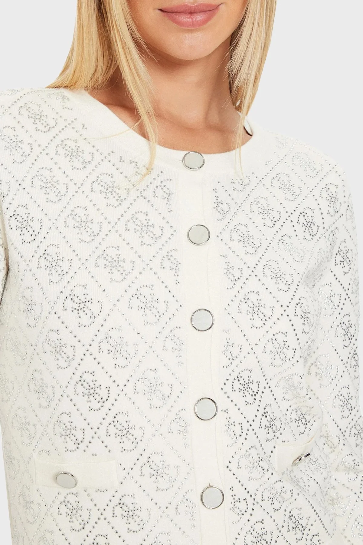 Guess Paige 4G Taşlı Logolu Regular Fit Crop Triko W4YR25Z3FN0 Bayan Hırka W4YR25 Z3FN0 G012 EKRU - 9