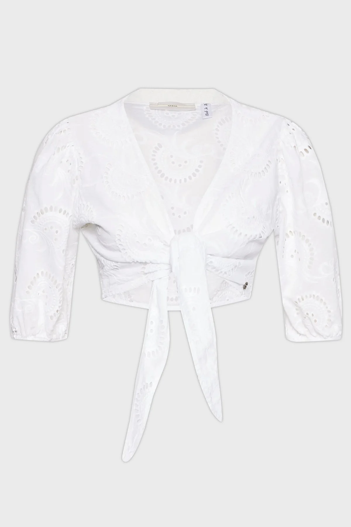 Guess Pamuklu Nakış İşlemeli Bağlama Detaylı V Yaka Bayan Bluz W2GH55WEJV0 G011 BEYAZ - 4