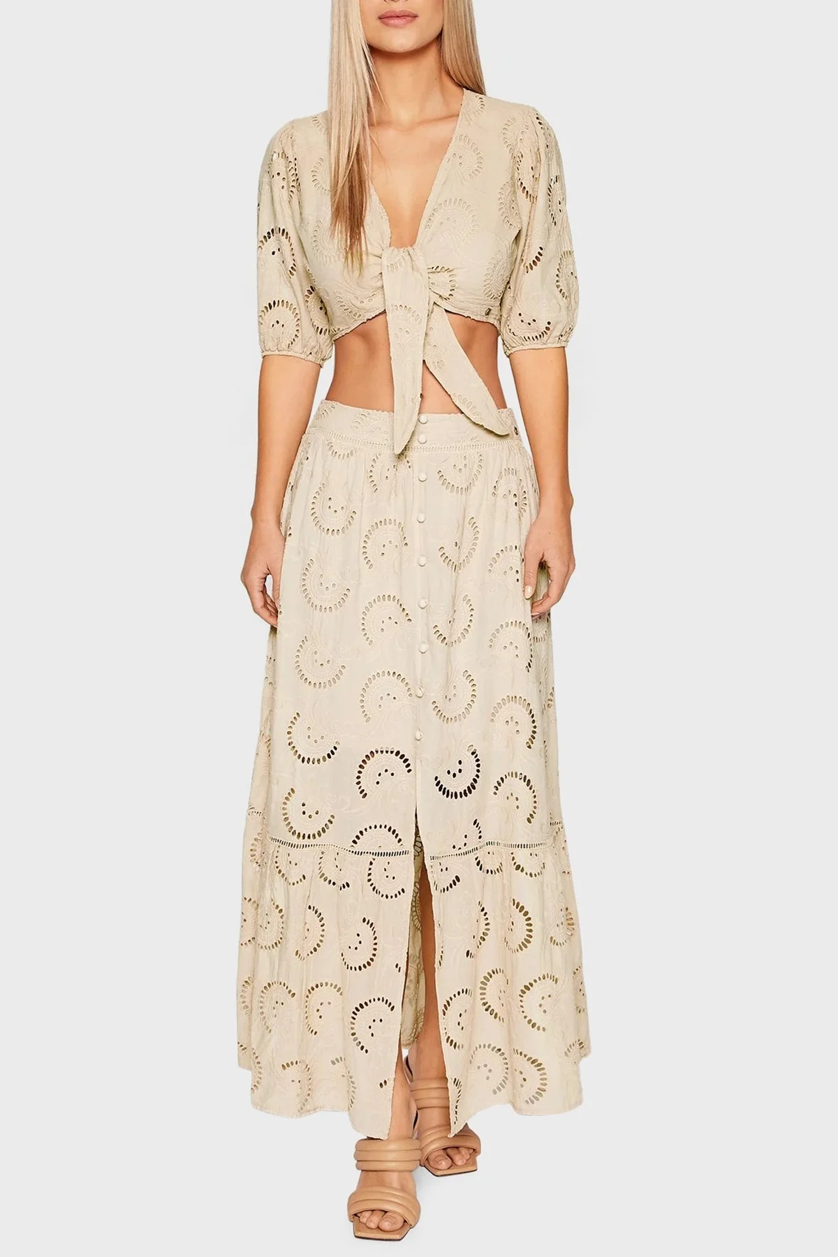 Guess Pamuklu Nakış İşlemeli Yırtmaçlı Uzun Bayan Etek W2GD44WEJV0 A90F BEJ - 1