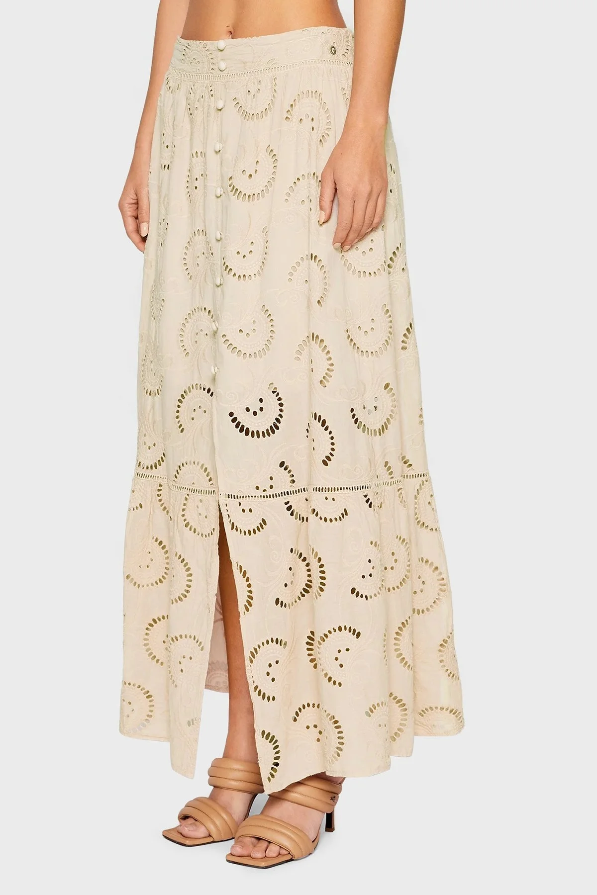 Guess Pamuklu Nakış İşlemeli Yırtmaçlı Uzun Bayan Etek W2GD44WEJV0 A90F BEJ - 2