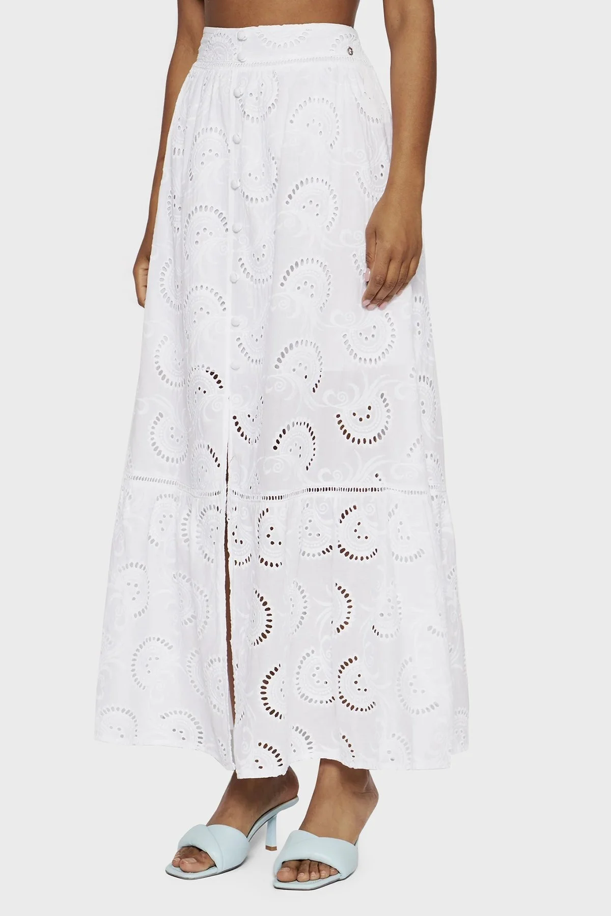 Guess Pamuklu Nakış İşlemeli Yırtmaçlı Uzun Bayan Etek W2GD44WEJV0 G011 BEYAZ - 2