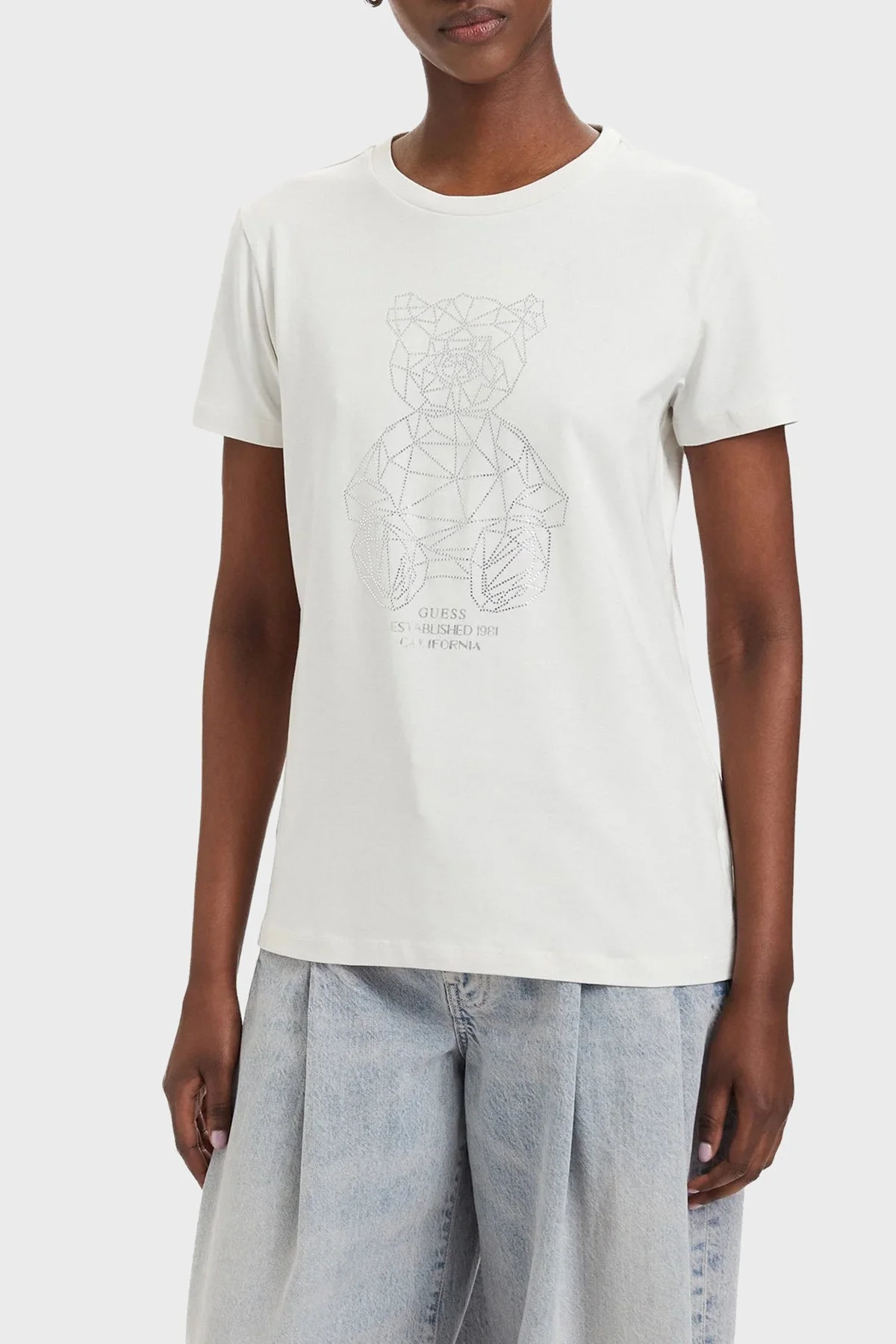 Guess Pamuklu Regular Fit Bisiklet Yaka Taşlı V6GI12K3325 Kadın T Shirt V6GI12 K3325 G056 EKRU - 1